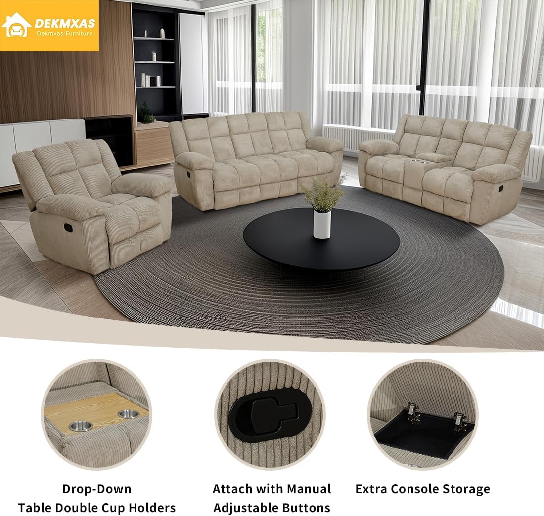 Corduroy Fabric Reclining Sofa, 3-Piece Living Room Furniture Sets, Beige Manaul Recliner Sofa Couch Set with 5 Recliner Seats, Cup Holders, Storage Console and Drop-down Table for Living Room