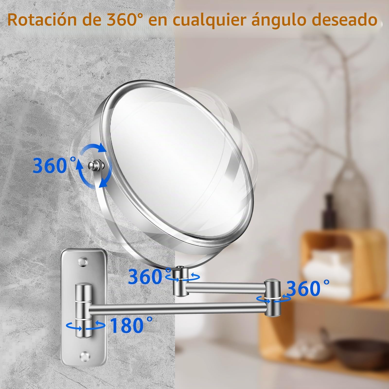 Espejo de Maquillaje de Aumento 10X Montado en Pared de 8" Doble Cara con Brazo Extensible Giratorio 360° para Baño y Hotel - Cromo