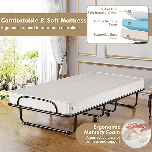 Miniatura 4 de HAPPYGRILL Cama plegable con colchón para adultos, cama plegable con colchón de espuma viscoelástica, 4 ruedas universales, marco de acero