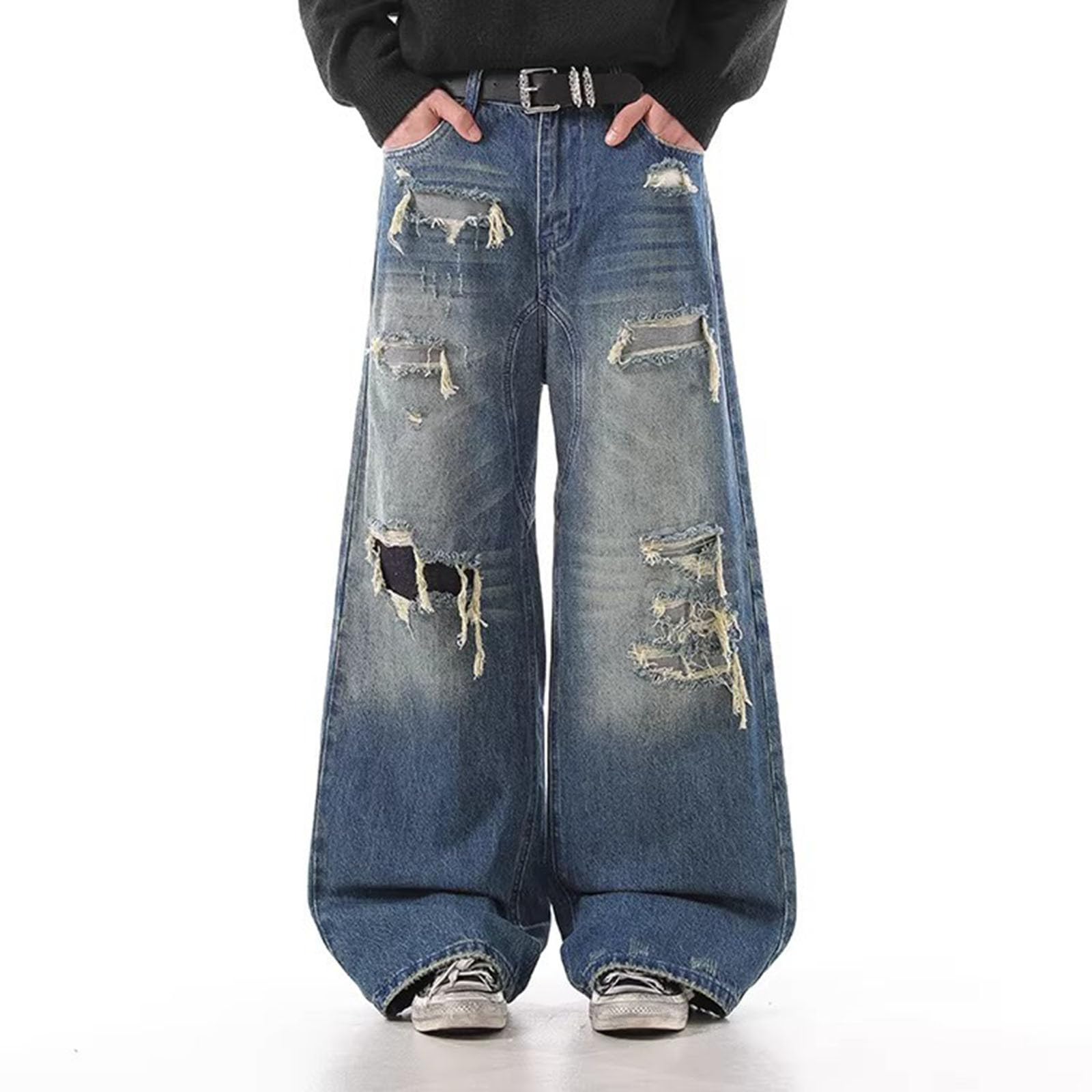 Pantalon Vaquero Hombre-Vaqueros Desgastados con Patchwork Estilo Urbano para Pantalones Anchos de Pierna Recta y Suelta