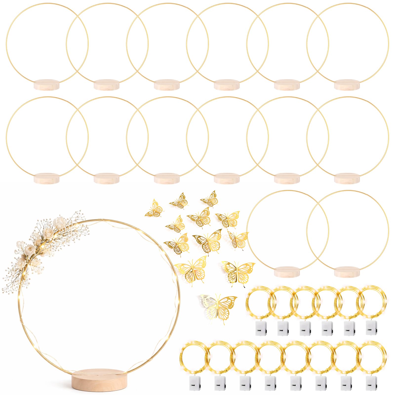 Photo 1 of 14 Pack Floral Hoop with Stand and LED Fairy Lights 10 inch Metal Rings for DIY Centerpiece Table Decorations Crafts Macrame Rings Hoop Wreath Dream Catcher Rings Wedding Christmas Wreaths, Gold