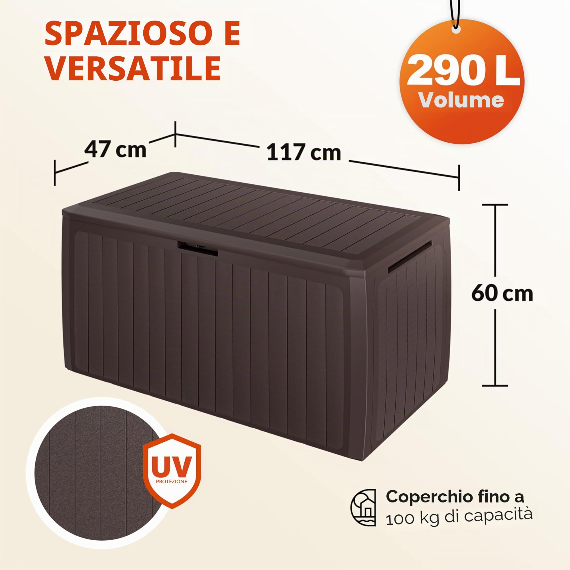 Casaria Baule da Giardino 117x47x60cm Aspetto Legno 290L Box Multiuso Multibox Cuscini 6 Ruote Coperchio Esterno
