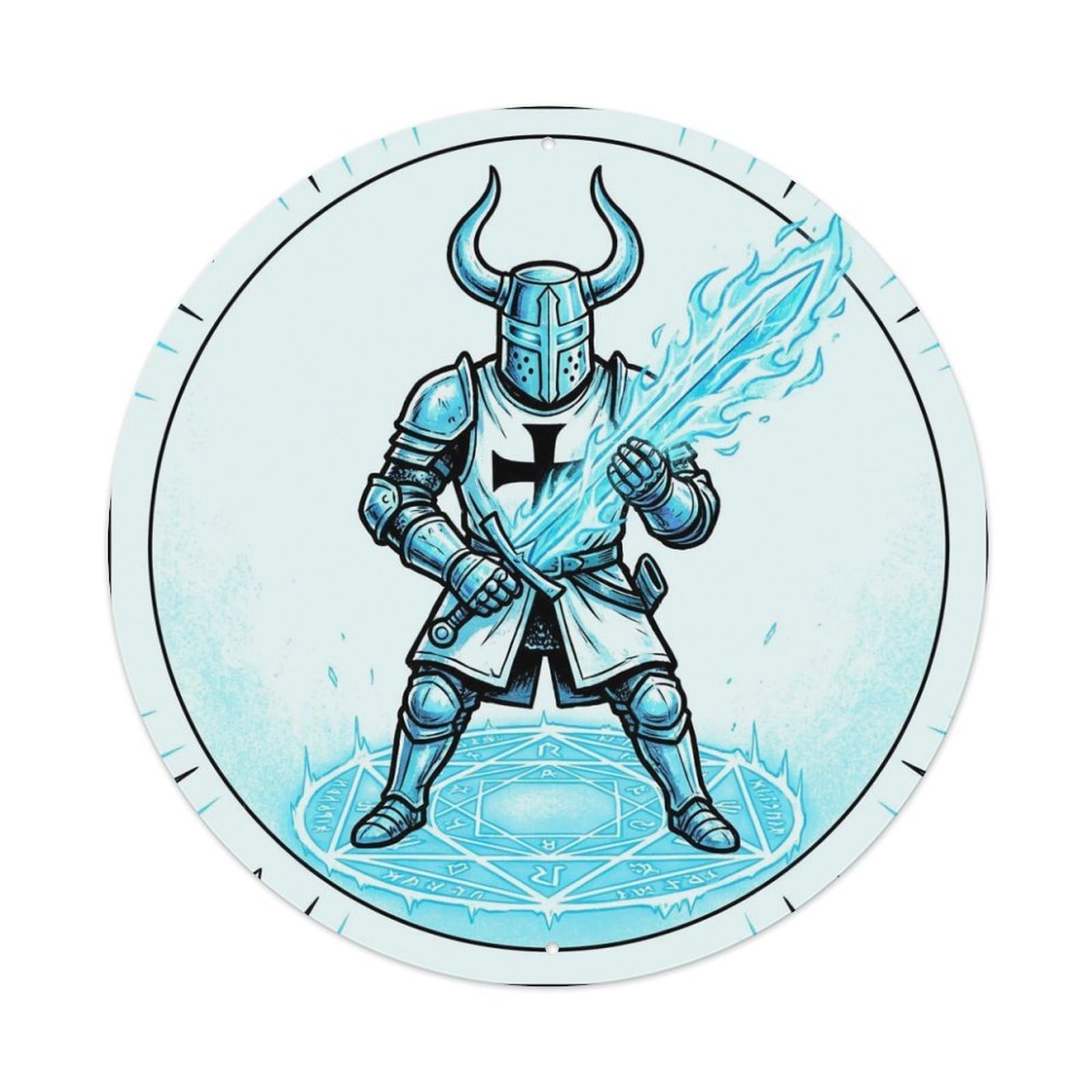 Anime Frost Armor Medieval Holy Teutonic Knight Paladin Metal Tin Sign Plaque Wall Decor for Cafe, Man Cave, Club Bar, Office, Home Garden Round Metal Poster 8x8Inch