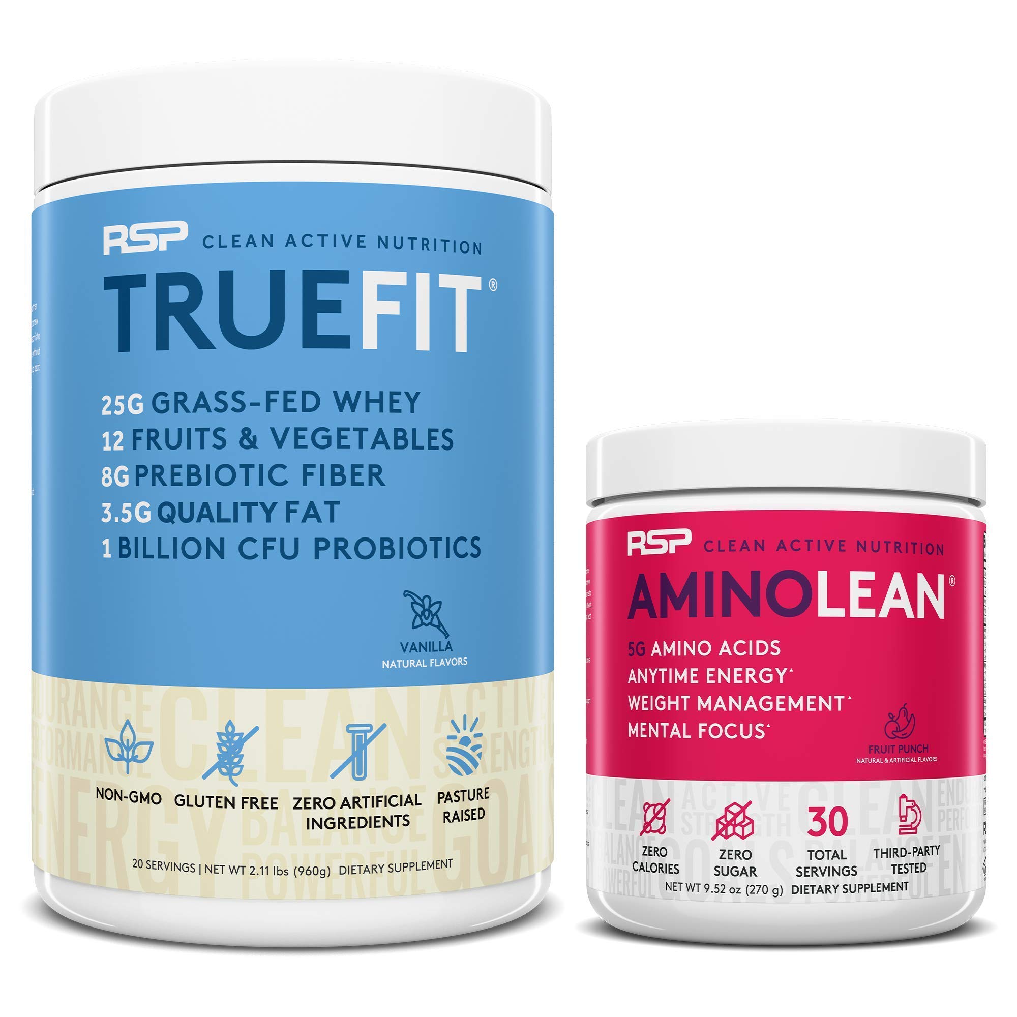 RSP NUTRITIONAminoLean Pre Workout Energy (Fruit Punch 30 Servings) with TrueFit Protein Powder (Vanilla 2 LB)