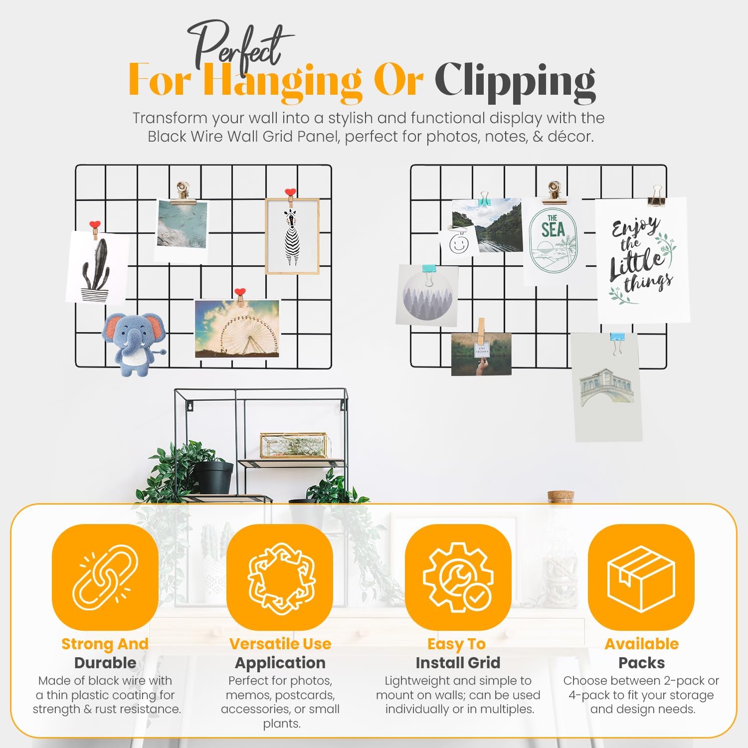 Wire Grid Wall Panel for Photo Display, 2 Pack Metal Wire Memo Board, Decorative Grid Frame Wall for Hanging Pictures, Notes, Postcards, Small Ornaments (2, Black) image 3