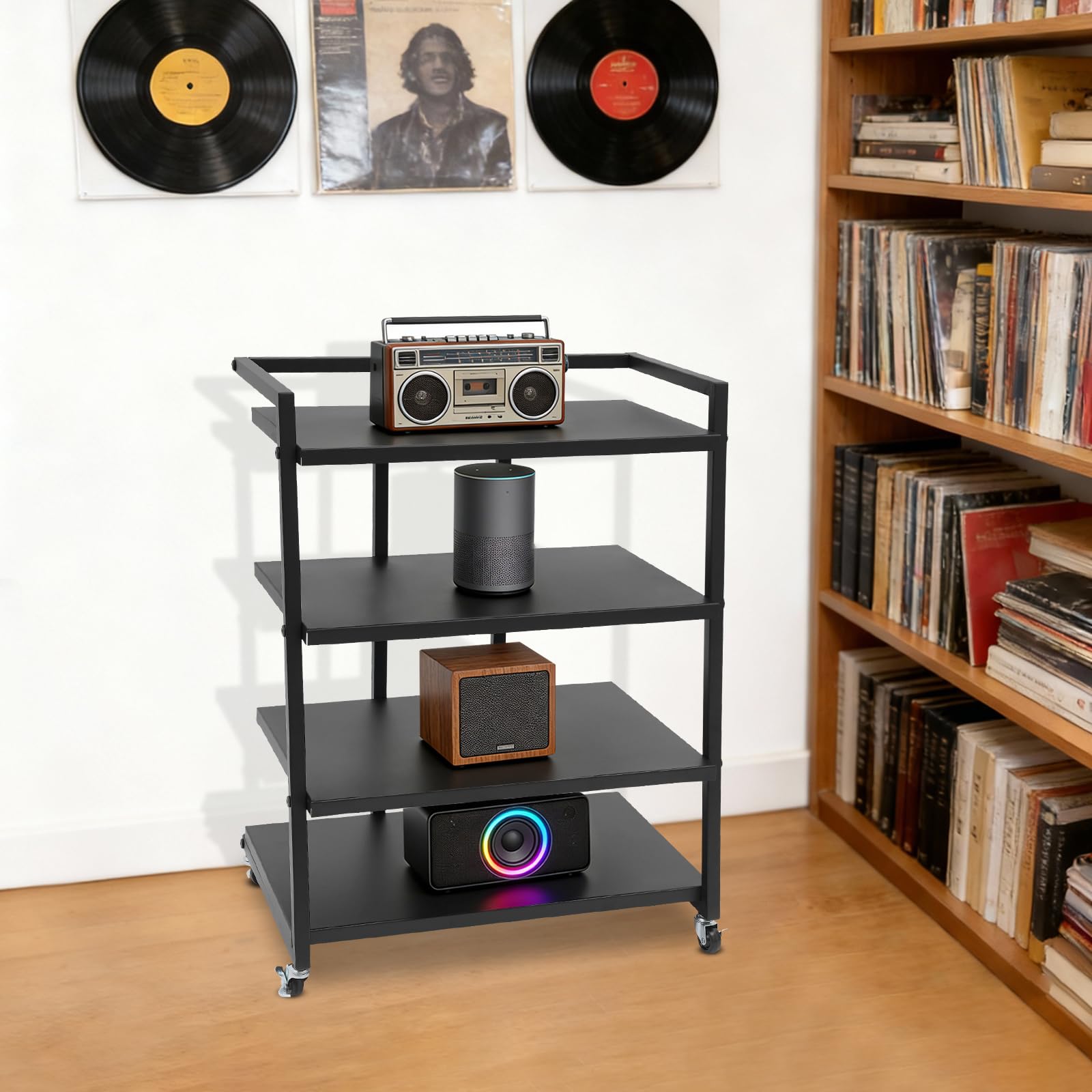 Scaffale HiFi a 4 livelli in metallo con ruote, per giradischi, impianti stereo, stoccaggio di dischi in vinile, versatile come scaffale HiFi o scaffale d'appoggio, 60 x 52 x 85 cm