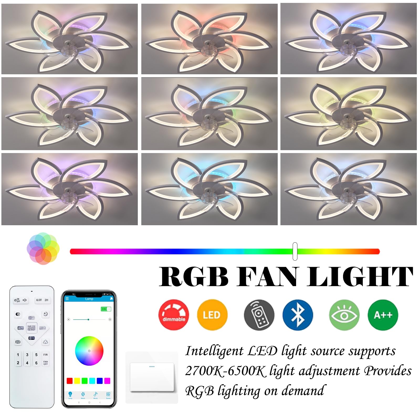 RGB Bluetooth Luces de Ventilador de Techo, LED Regulable Mute Iluminación Moderna con Mando a Distancia Adecuado para Dormitorio Salón Cocina Habitación Infantil Fiesta Blanco -87CM