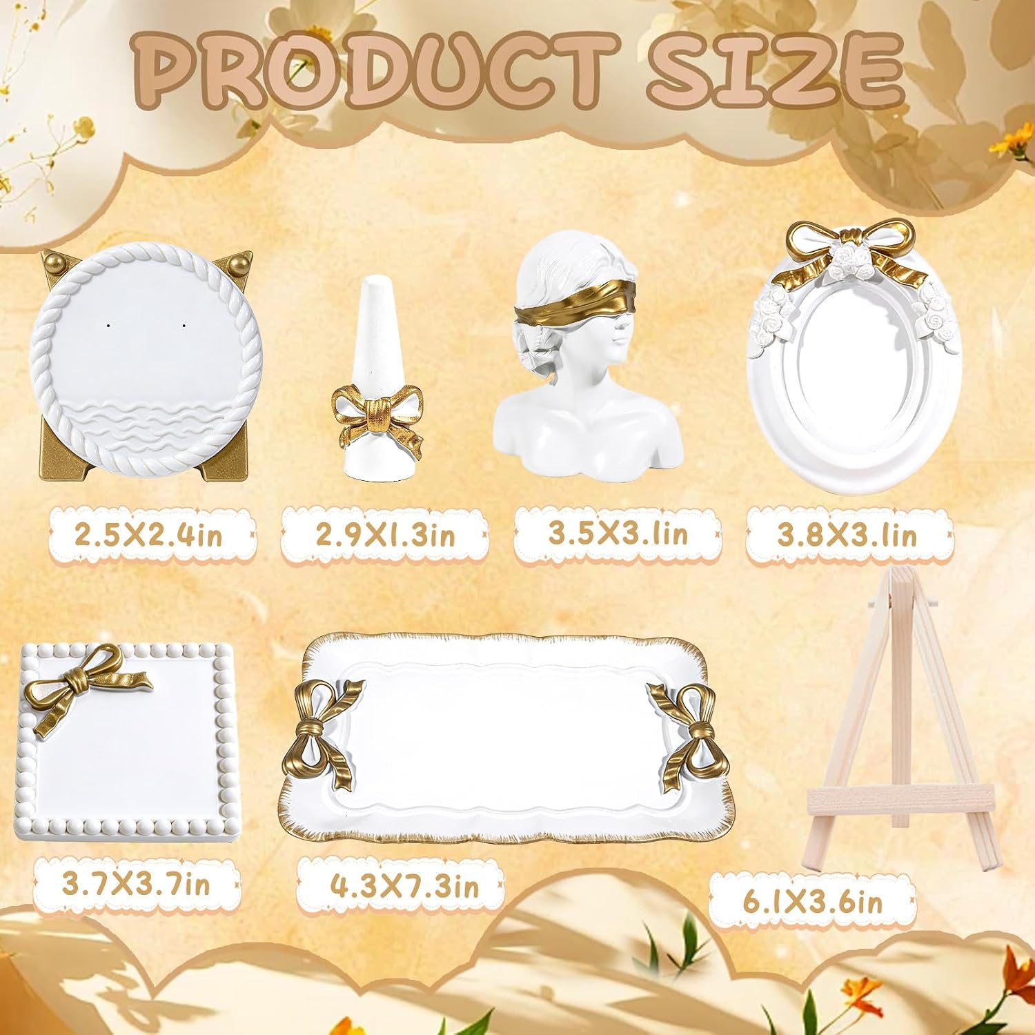 Wowagoga Vintage Decorative Tray,6 Pcs Decorative Jewelry Tray,Cute Jewelry Organizers,White and Gold Vanity Trays for Earrings, Rings, Necklaces, Bracelets, Dresser and Bathroom Decor