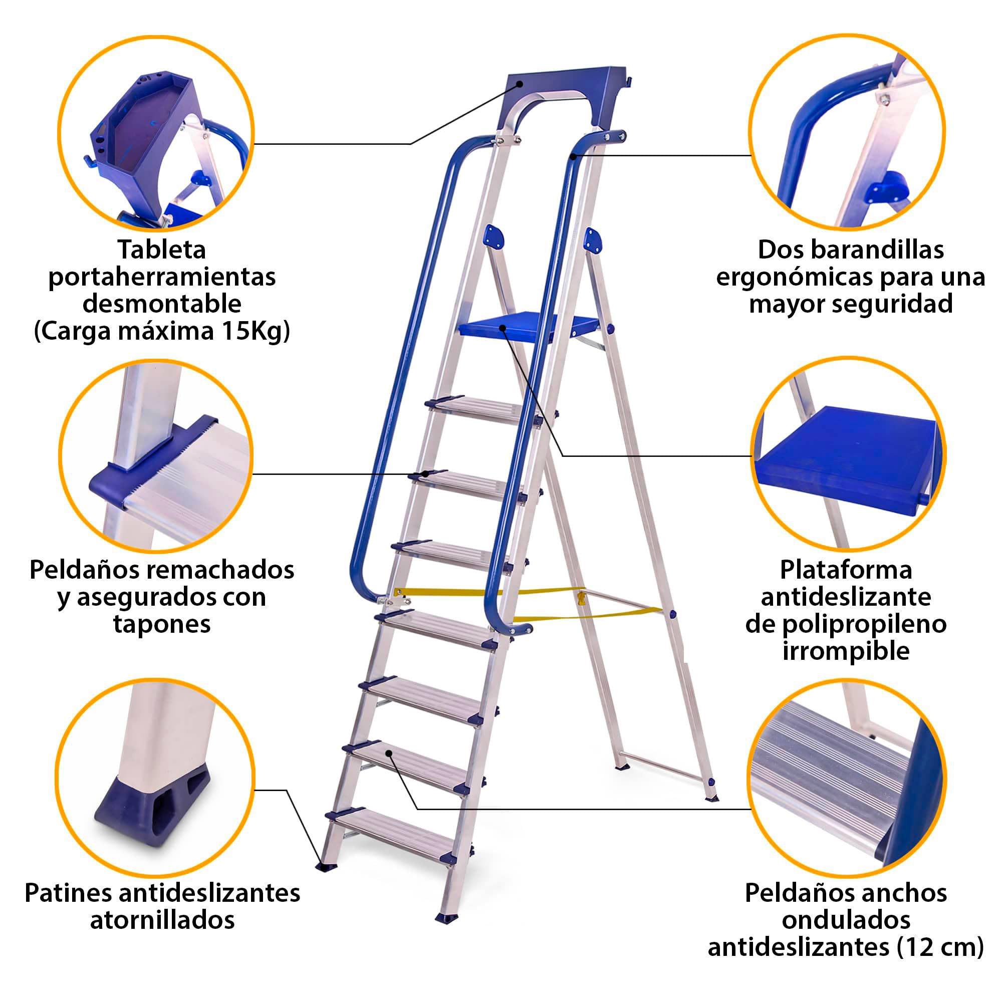 HOSTRÖM Escalera de Tijera de 8 peldaños Secure Pro, Aluminio Reforzado, Segura con barandillas, Bandeja portaherramientas, Altura de Plataforma 182 cm, garantía de 5 años