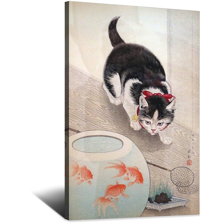 日本画 猫と金魚 原画 日本画 猫と金魚 原画