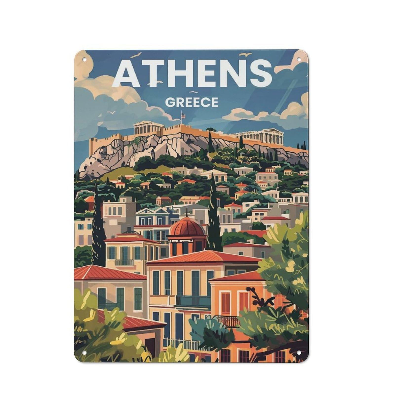 Junmoney Athens Rustic Tin Sign 40X30cm For Living Room Or Hallway, Suited To Living Room Decor Lovers