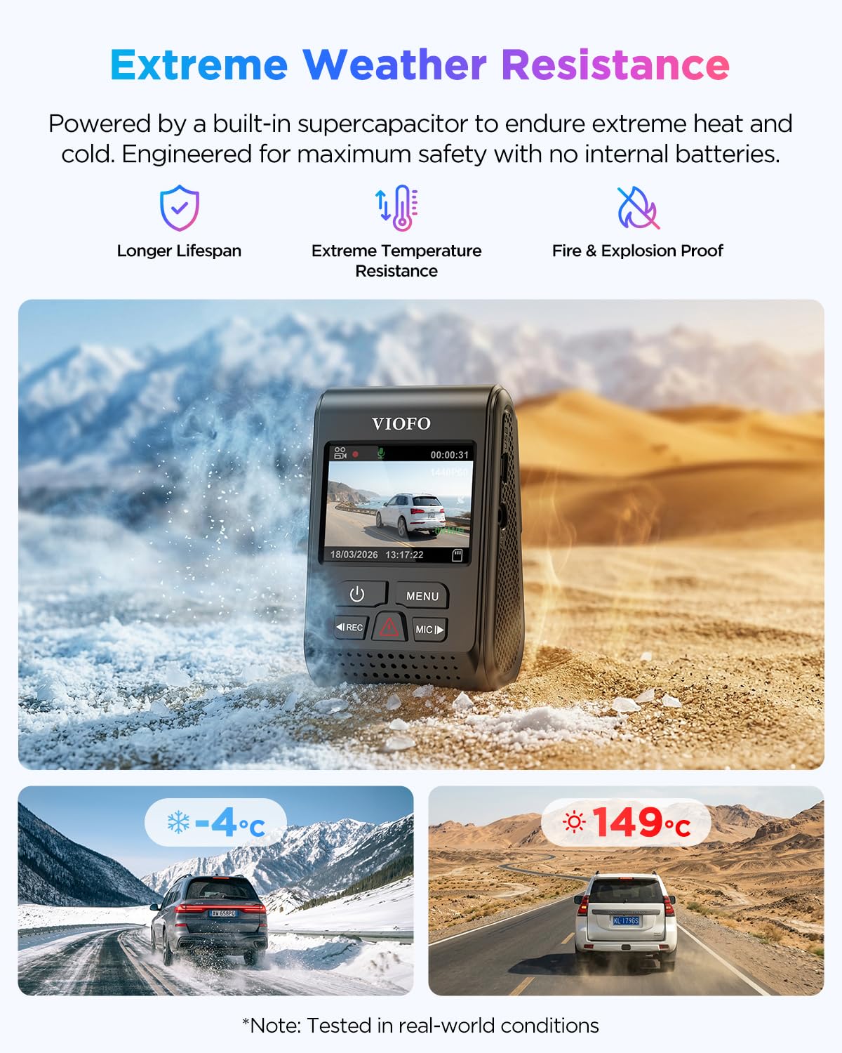 VIOFO Kamera samochodowa A119 V3 2K z GPS, True HDR, buforowany tryb parkowania, 2560 x 1440P Quad HD+, ultra wyraźny noktowizor, szeroki kąt 140°, wykrywanie ruchu, czujnik G, poklatkowy