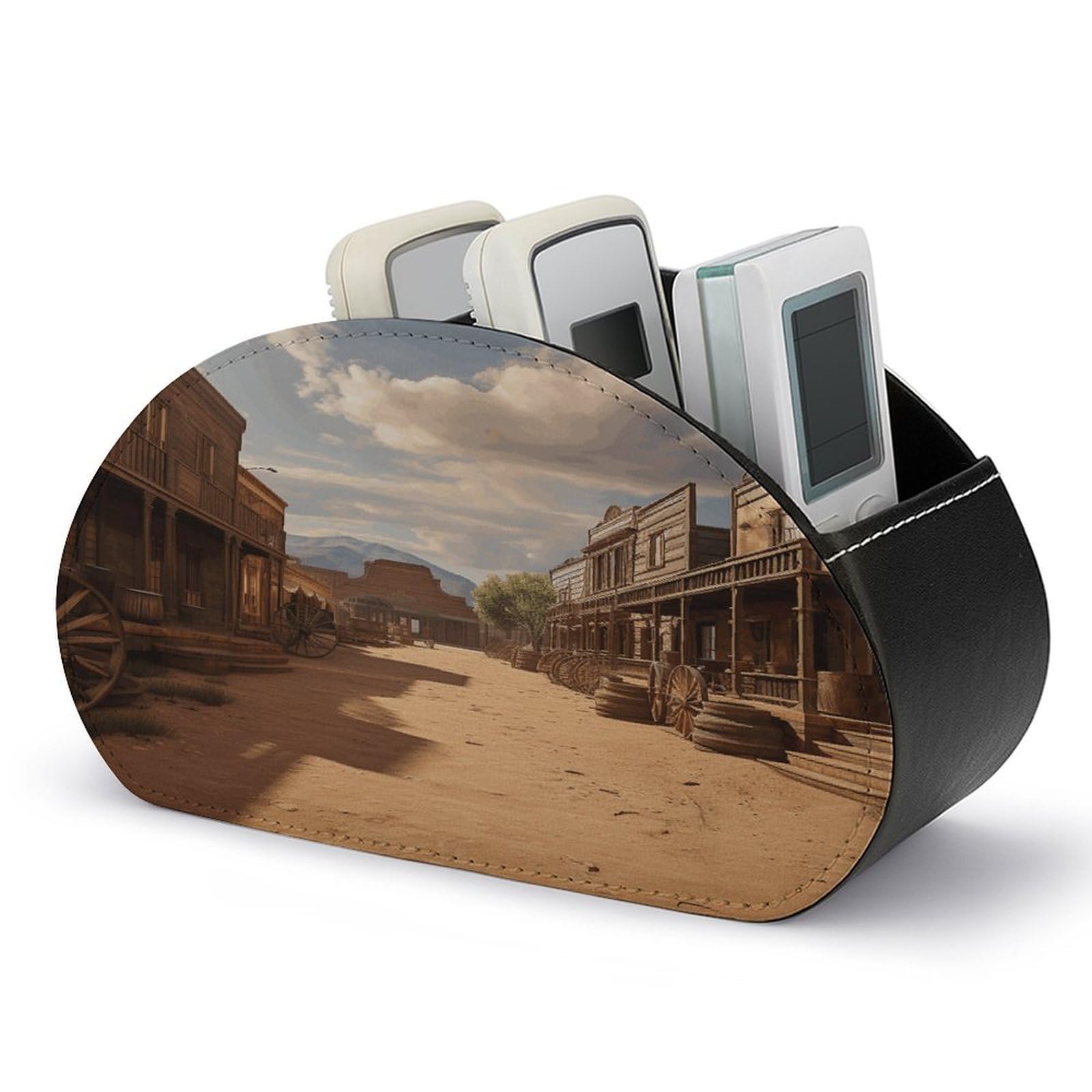 FekiLoot Old Wild West Cowboy Town Remote Control Holder with 5 Compartments - PU Leather Remote Caddy Desktop Organizer, Personalized TV Media Remote Storage Box for Home Coffee Desk Accessories