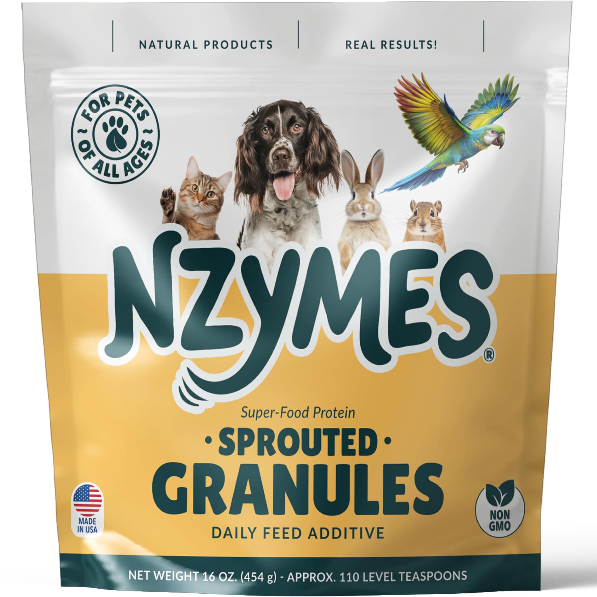 Nzymes® Sprouted Granules 1LBS for Dogs, Cats, and Companion Pets. Raw Super-Food Protein and Antioxidant Nutrition. Cost Effective Food Supplement Dog Health Supplies. 110 Servings USA