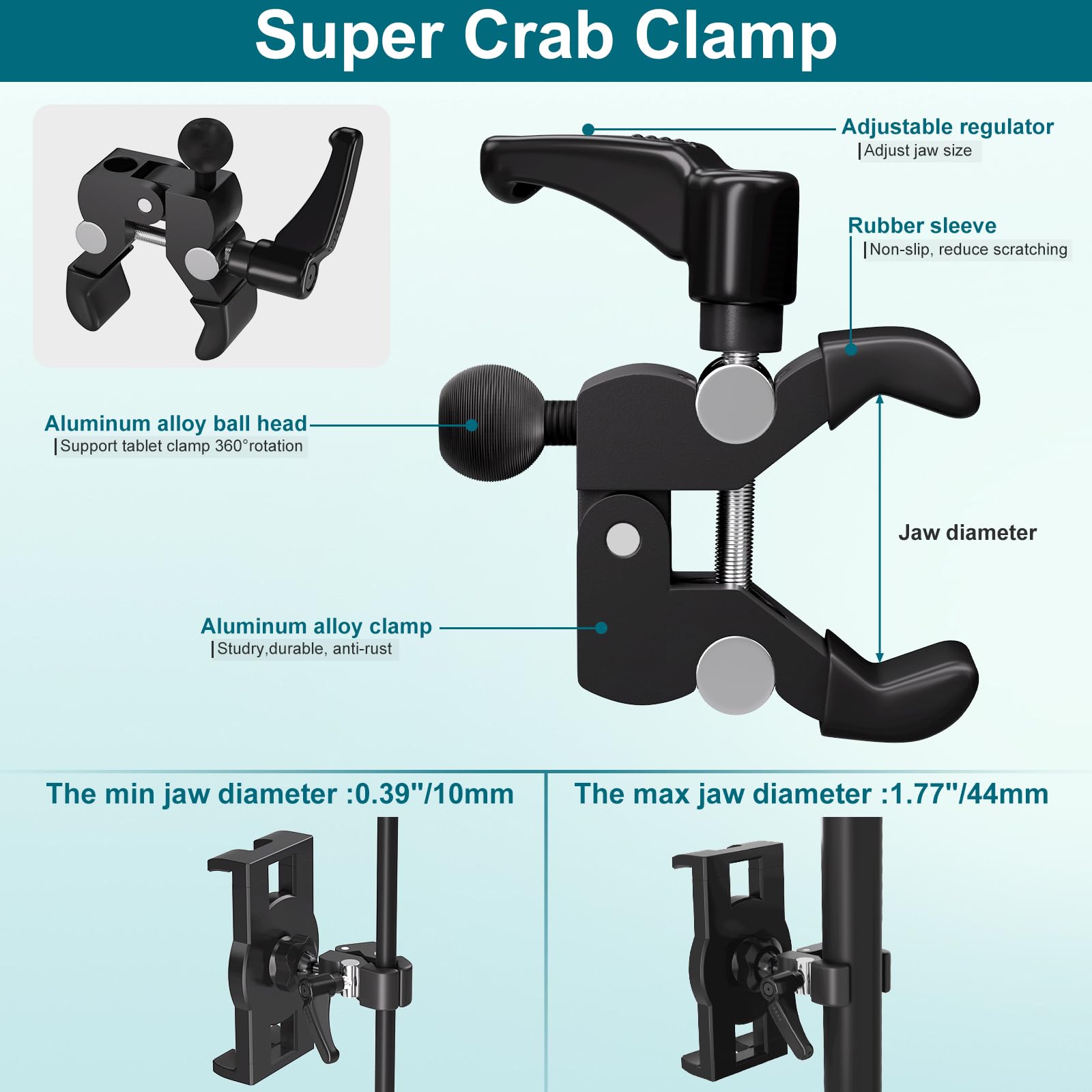 Mippko Support de tablette pour barre de bateau, support de guidon de bateau, pince rotative à 360°, support en alliage d'aluminium antidérapant, compatible avec iPad/Nexus/LG G/liseuse/iPhone de 4,7