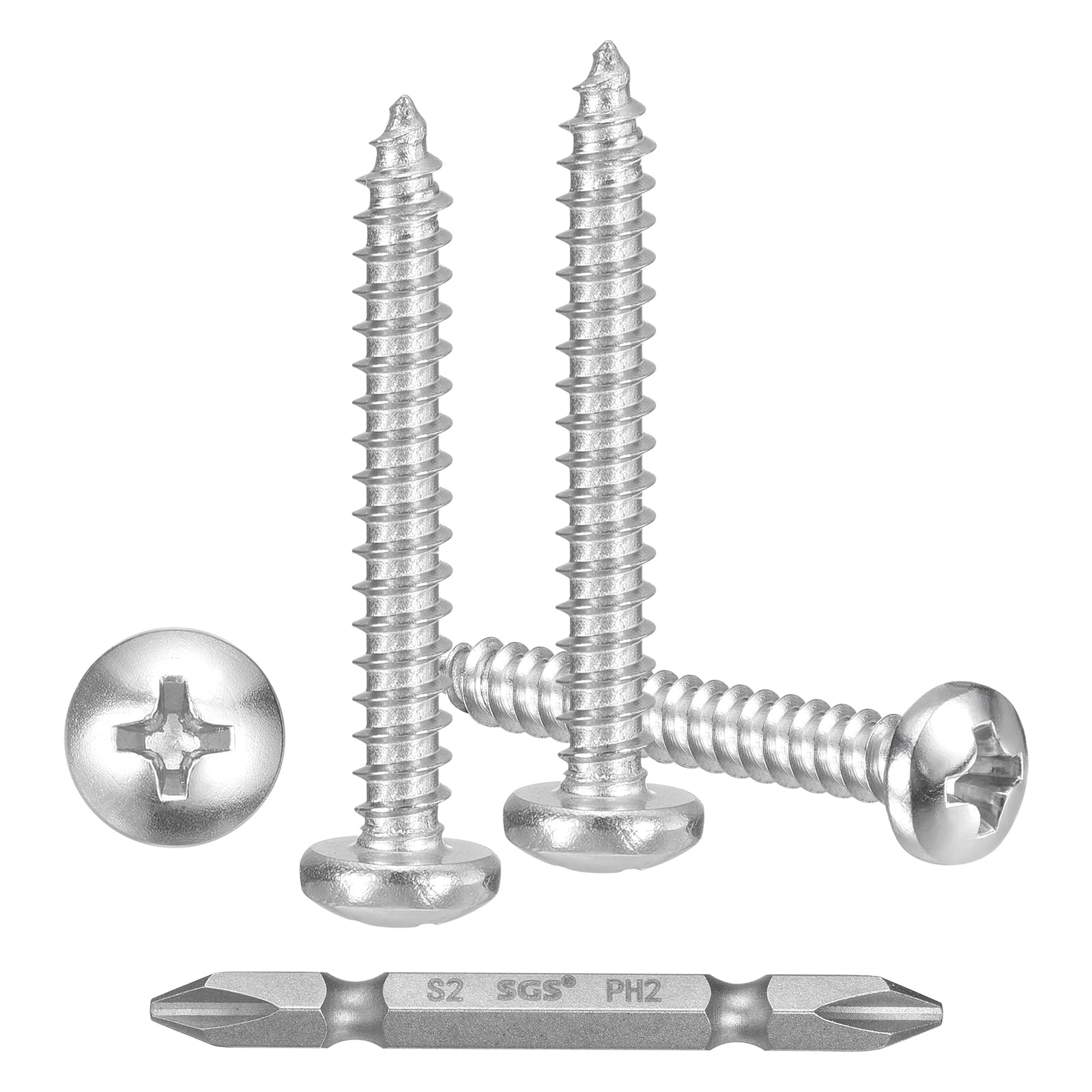 METALLIXITY Phillips Pan Head Self Tapping Screws(#6x1-1/4") 100Pcs, 304 Stainless Steel Self Drilling Screw for Metal Wood Plastic with Bit, for Cabinet Wall Shutter Plate Furniture, Silver