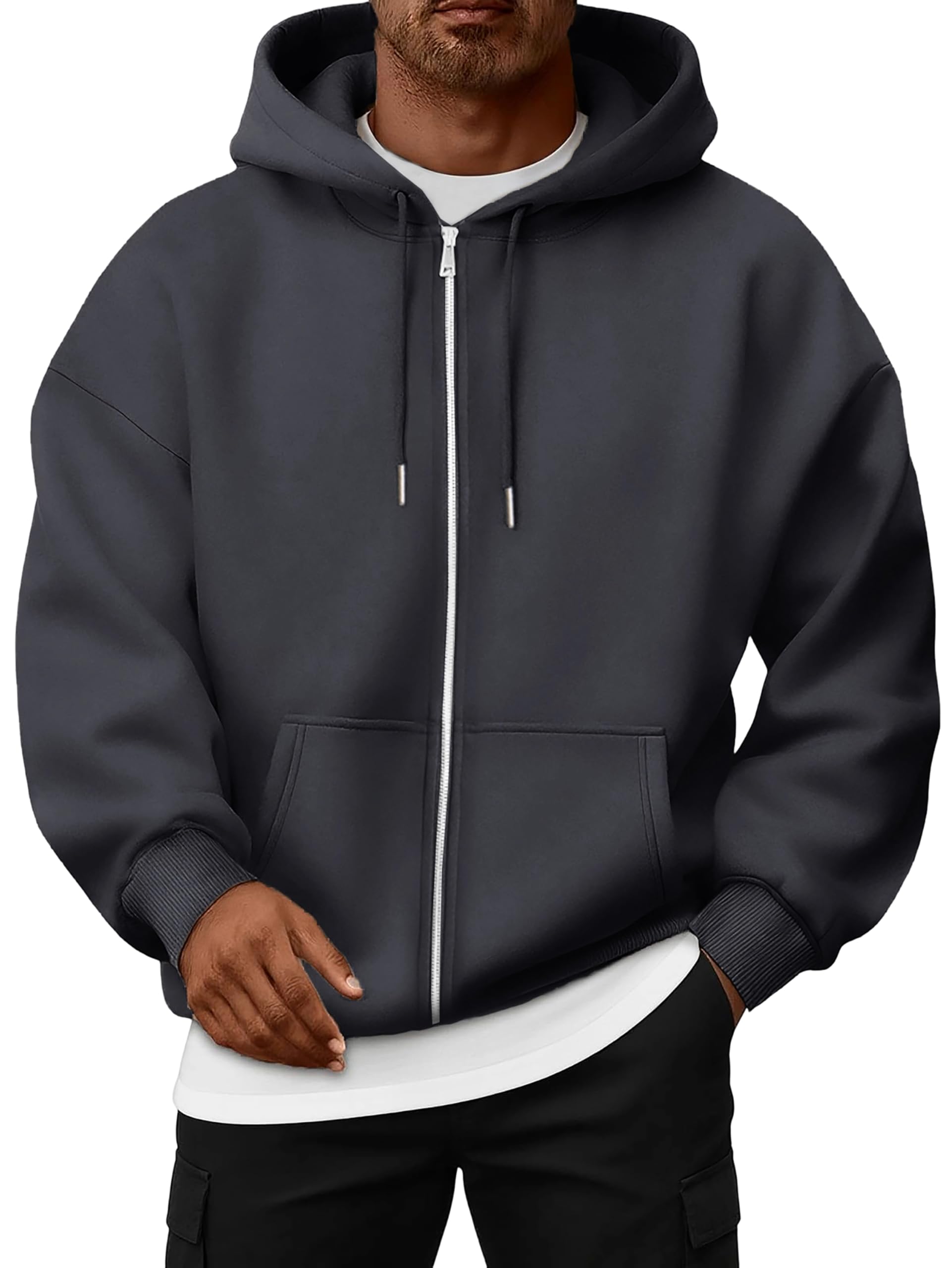 Oyamiki Oversized Hoodie Herren Fleece Zip Pullover Kapuze Sweatshirt mit Reißverschluss Langarm Sweatjacke Große Größen Basic Warme Jacke Dunkelgrau XL