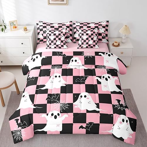 Erosebridal Black Pink Halloween Queen Comforter Set with Sheets 7 Piece Kawaii 