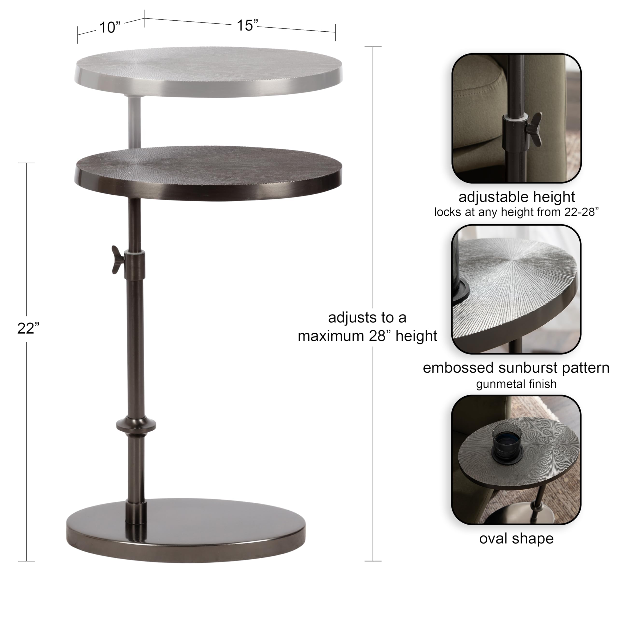 Kate and Laurel Engles Traditional Adjustable-Height Oval C-Table, 15 x 10 x 28, Gray Gunmetal, Vintage Round Indoor Metal C-Shaped End Table with Embossed Pattern for Use as Overbed Table