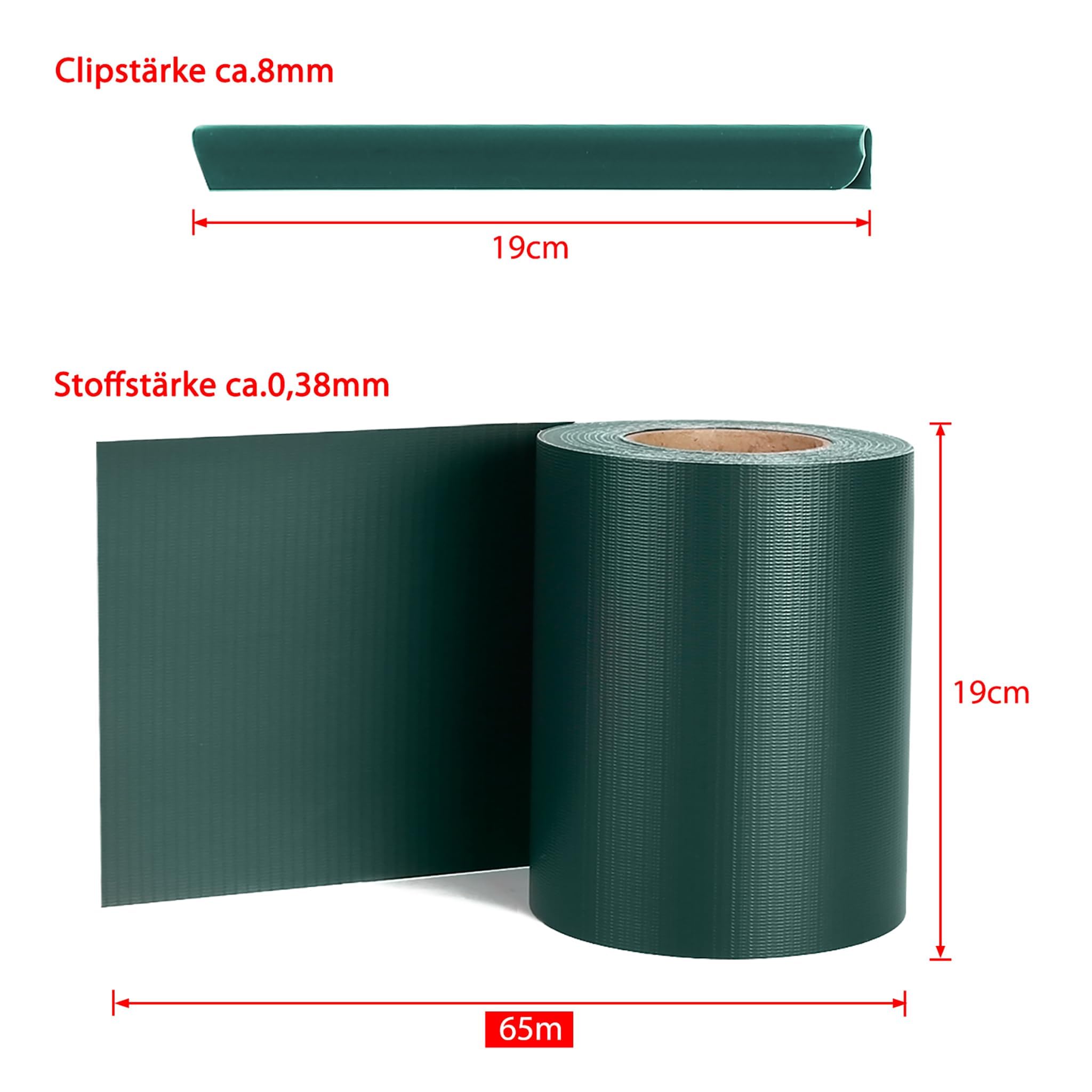 XMTECH Folia maskująca z PCW, pasy maskujące, w zestawie klipsy mocujące, ogrodzenie ogrodowe, ogrodzenie z podwójnymi prętami, 450 g/m², nieprzejrzysta ochrona przed wzrokiem – 65 m x 19 cm, zielona