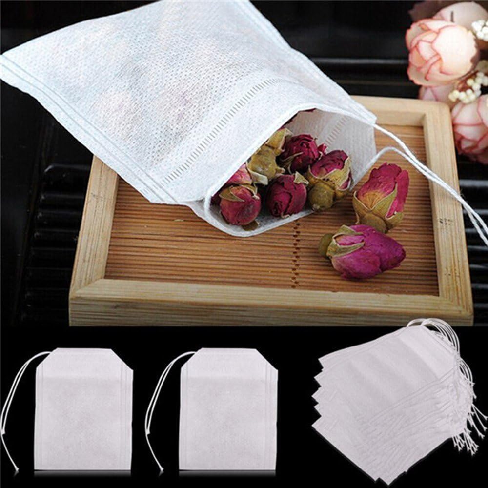Tea Filter Bags, FIN86 100Pcs Empty Drawstring Teabags String Heat Seal Filter Paper Herb Loose Tea Bag for Loose Leaf Tea Pot Soup Coffee Braised Food Flower Tea (White)