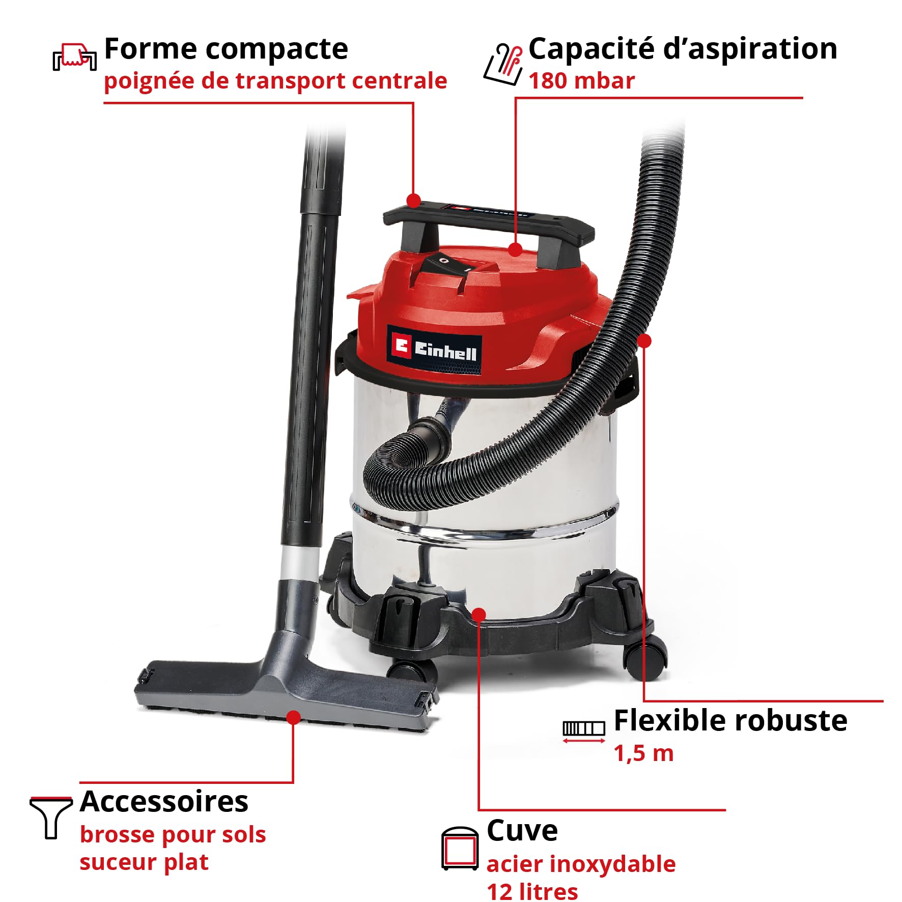 Einhell Aspirateur eaux et poussières TC-VC 1812/1 S (1 250 W, 180 mbar, 4 roulettes, cuve de 12 l, avec suceur Plat et Brosse combinée, Filtre en Mousse, Sac collecteur de poussière et Sac filtrant)