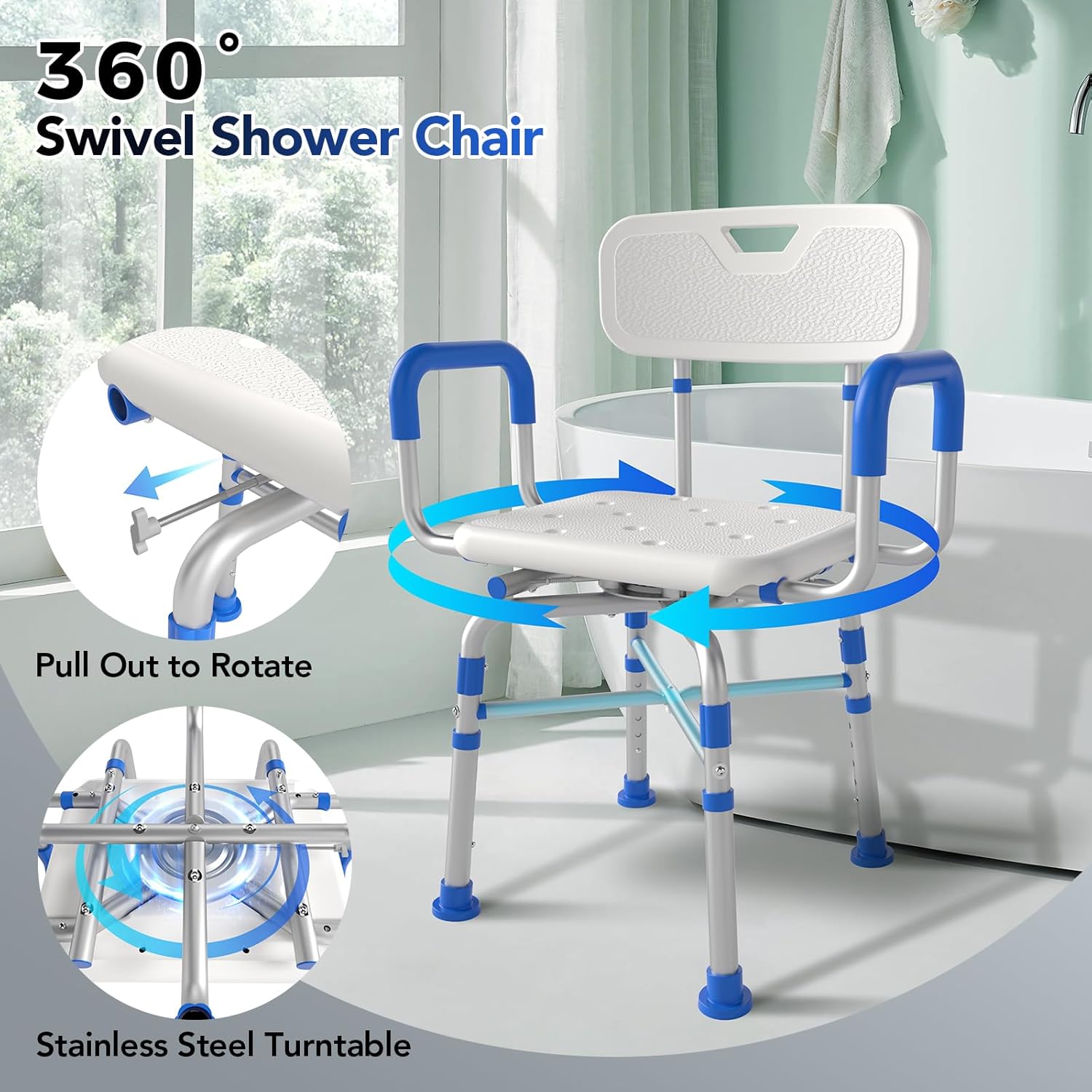 Swivel Shower Chair with Arms and Back, 500 lbs Heavy Duty Adjustable Shower Seat for Inside Shower & Bathtub, 360° Rotating Bath Chair for Elderly, Disabled, Handicap, Bariatric, Pregnant