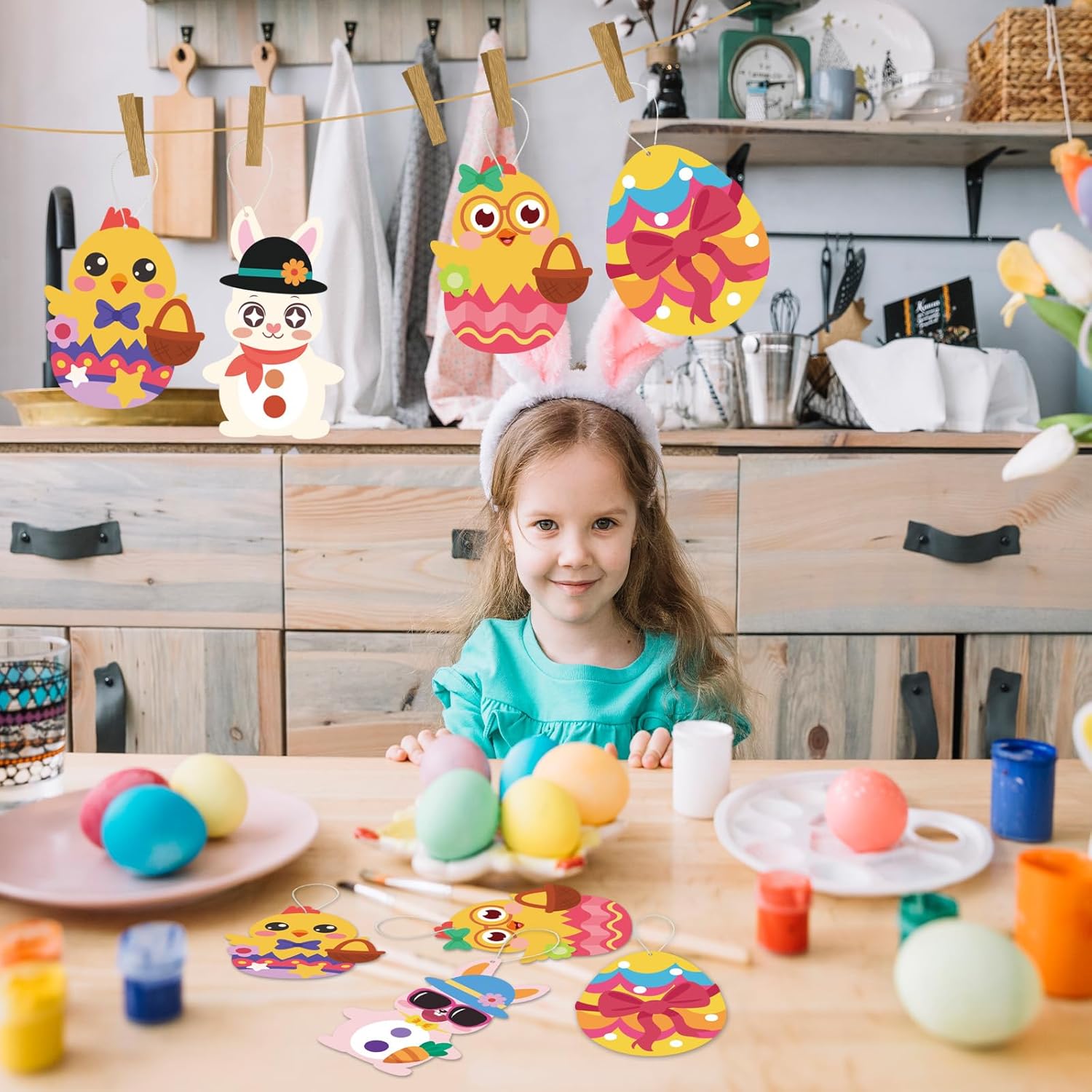 XZENTIRA 48Pcs Easter Crafts Kits DIY Hanging Ornaments with Stickers and Paper Cards Bunny Egg Chick Paper Card Art Kits for Home Classroom Activities Party Favors Supplies