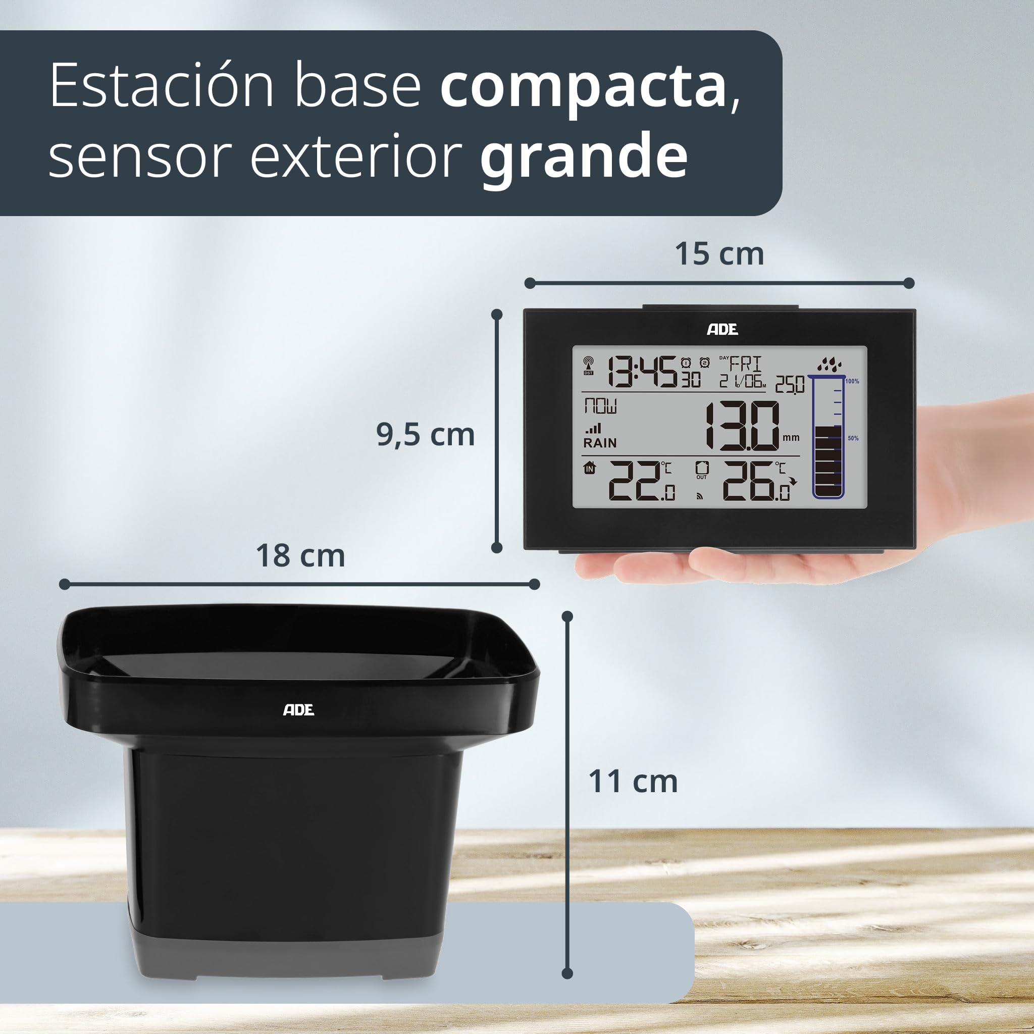 ADE Pluviómetro WS1907 (Estación meteorológica con pluviómetro para el jardín con Sensor de Radio, termómetro para Interior y Exterior, Radio Reloj Digital con Despertador), Negro