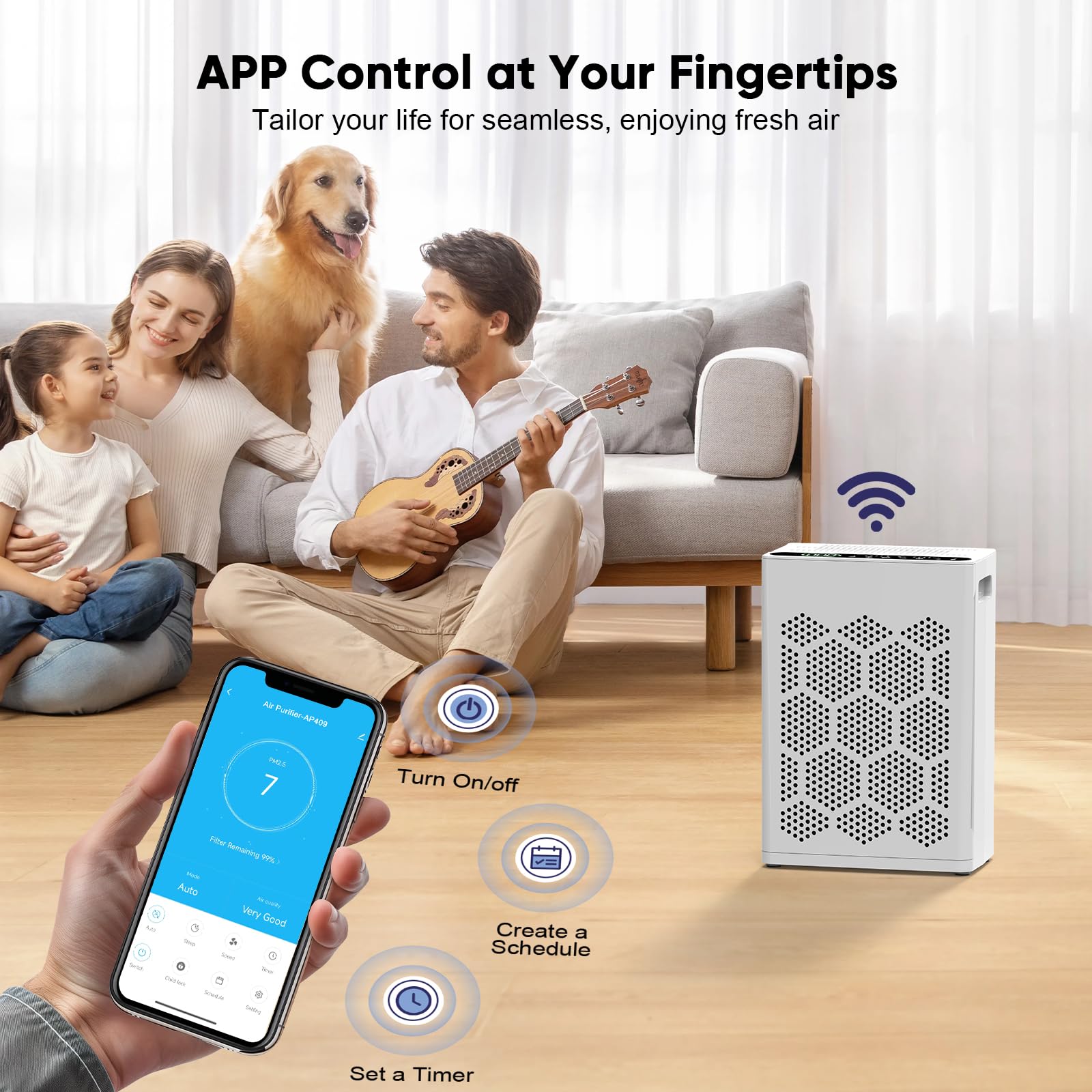 DAYETTE Purificatori d'aria per la casa di grandi dimensioni fino a 2400 m² con profumo, controllo intelligente WiFi Alexa, modalità automatica, purificatore d'aria HEPA con prefiltro lavabile per