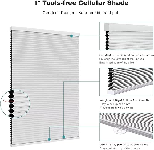 Miniatura 3 de Persiana plegable Changshade sin cordón, con diseño de panal para habitación, cocina, habitación de los niños, cuarto de baño, diseño opaco,