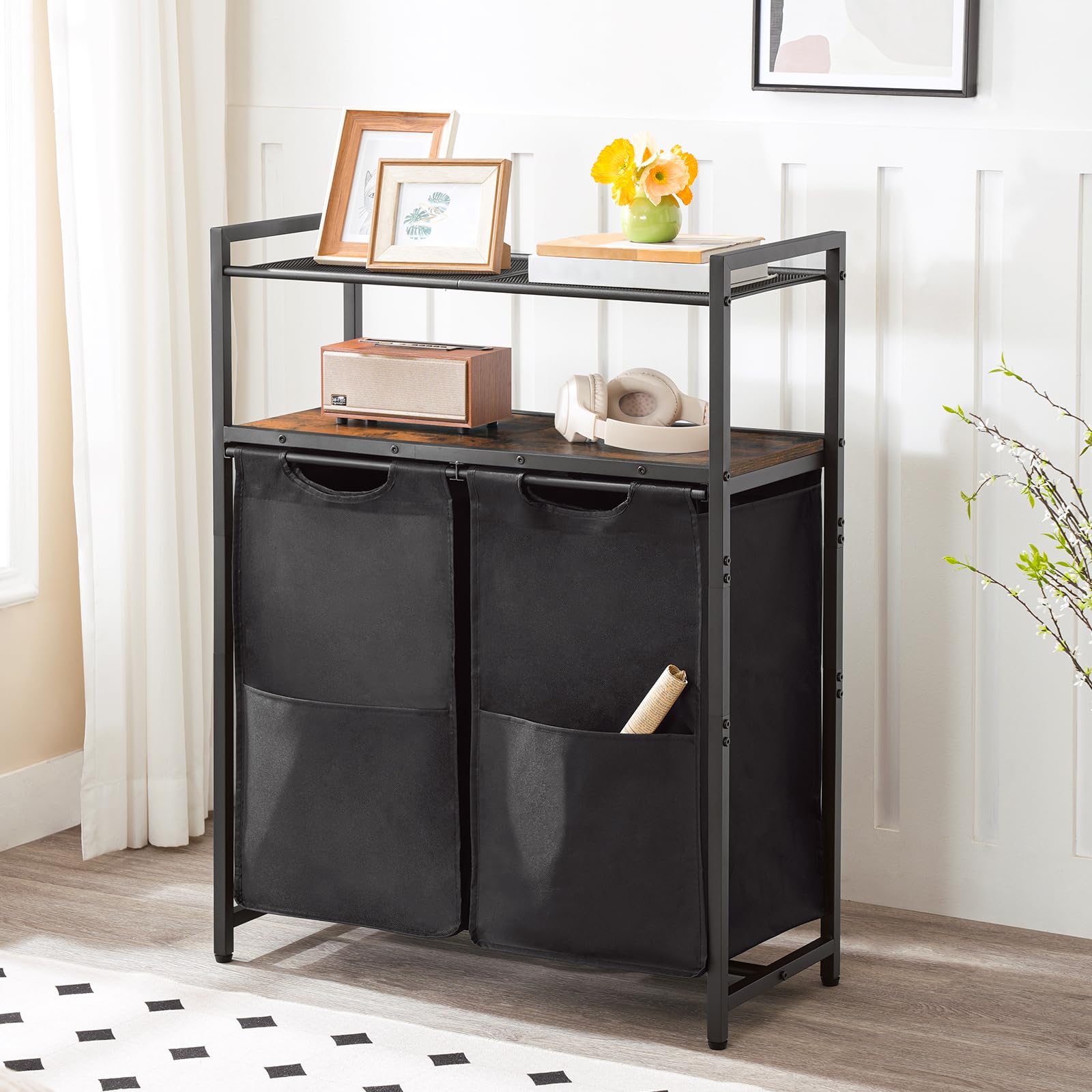 HOOBRO Cesto para Ropa Sucia, Cesto de Ropa, 2 Bolsas Colada de Tela Oxford Extraíble, 2 Estantes, 2 x 49,5 L, para Lavadero, Cuarto de Baño, Marrón Rústico y Negro EBF73XY01