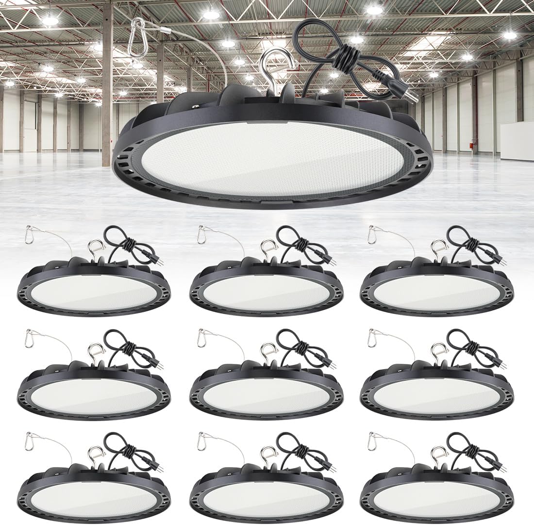 kadision 10-Pack LED High Bay Lights 150W 21000LM 5000K IP65, 5ft Cable with Plug 120V Commercial UFO High Bay LED Shop Light for Garage Warehouse, ETL Listed