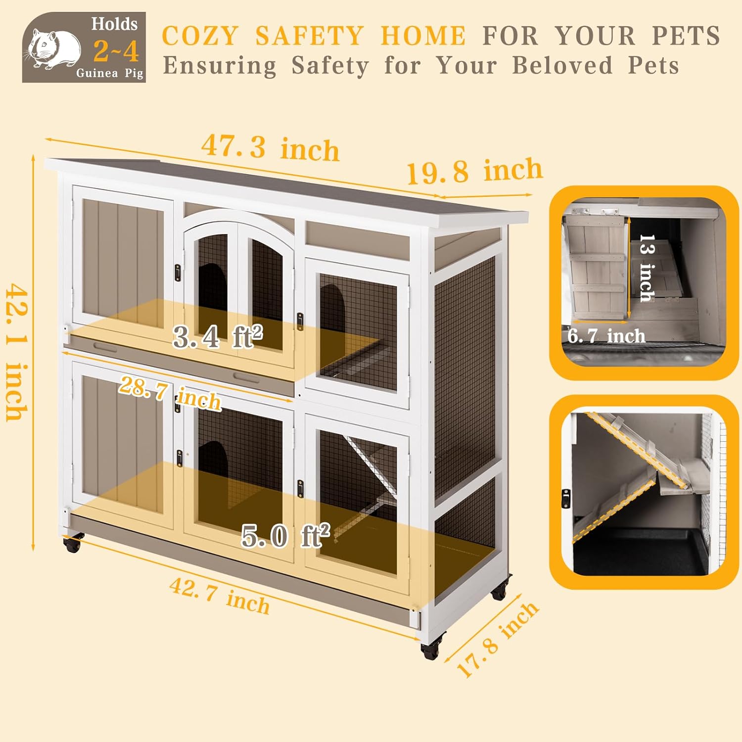 Gowoodhut 47" L Large Guinea Pig Cage Indoor with Wheels, 2-Story Wooden Hutch with 2 Deep Pull-Out Trays, Anti-Chew Ramps & Hideout for Hamsters, Ferrets & Rabbits, Grey, Easy-Clean Small Pet Home