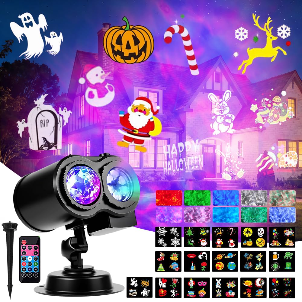 Weihnachten Halloween Outdoor Projektor mit 16 Folien 10 Ozeanwellen Effekt,2-in-1, 3D Dynamische Projektor, LED Projektionslampe, 180°-Verstellung, Beamer Deko für Wand Fenster Garten Hof Party