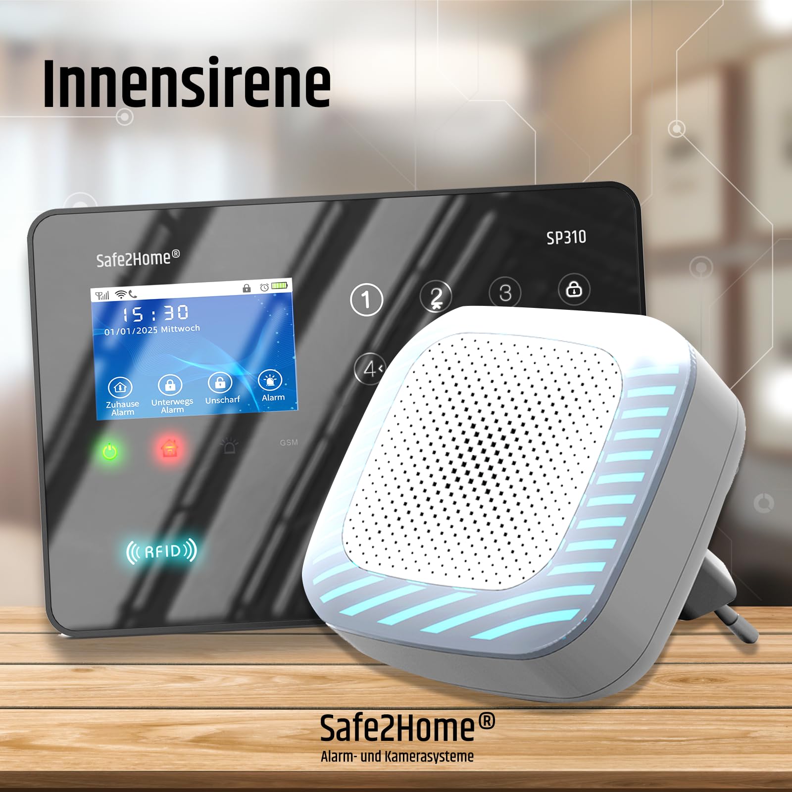 Safe2Home SP310 Funk Innen Sirene / Innenalarm 220 / 230 Volt für Profi Funk Alarmanlage SP310 mit Repeater - Alarmsystem (nur für SP310)