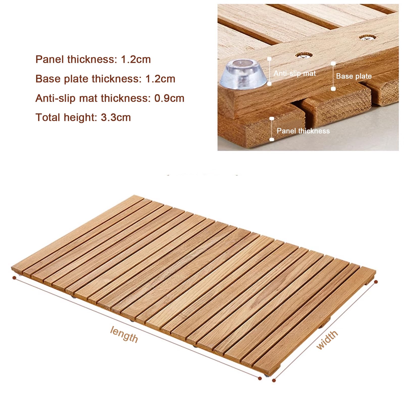 Duschmatte aus Teakholz, rutschfestes Badewannenrost aus Naturholz, für Luxus-Spa-Dusche, Sauna und Pool, rutschfeste Unterseite, 80 x 90 cm, elegantes Badezimmer-Accessoire