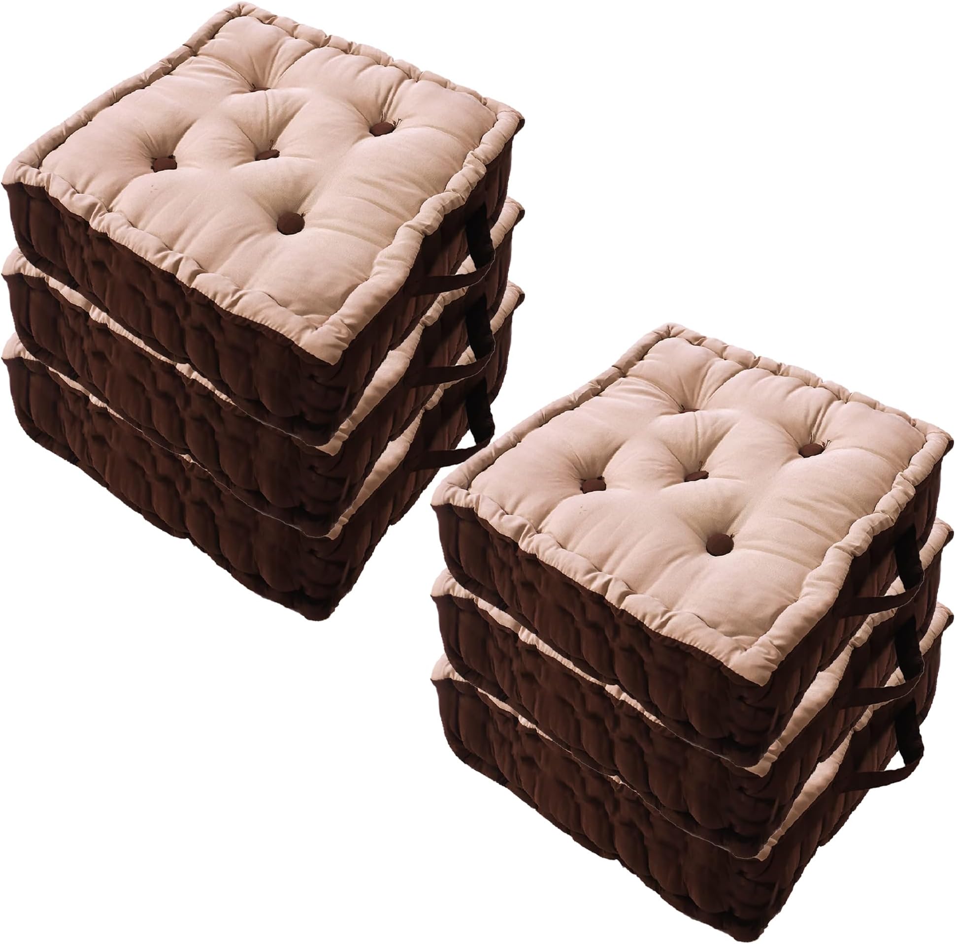 Kuber Industries (Pack of 6) Chair Pad | Seat Cushion with Botton & Handle | Comfortable Seating Pad | Relax Back Chair Pad | Cotton Chair Pad for Car, Office | Square Plain | Beige