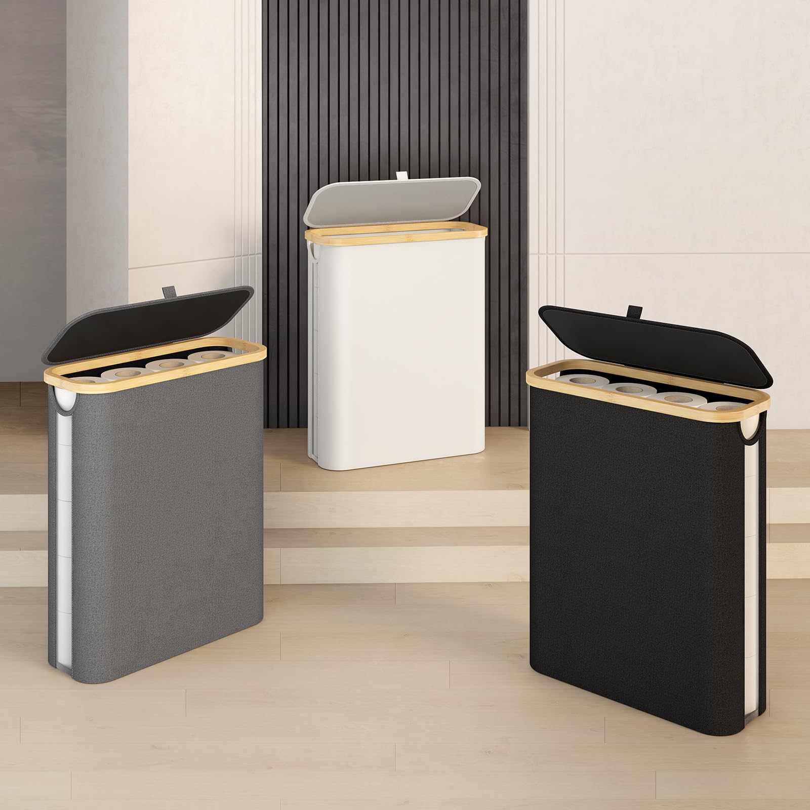 42L Rangement Papier Toilette avec Couvercle et Fenêtre de Visualisation, Toilette en Bambou Imperméable, Rangement Pliable pour Salle de Bain, Space-Saving Collapsible Design Noir