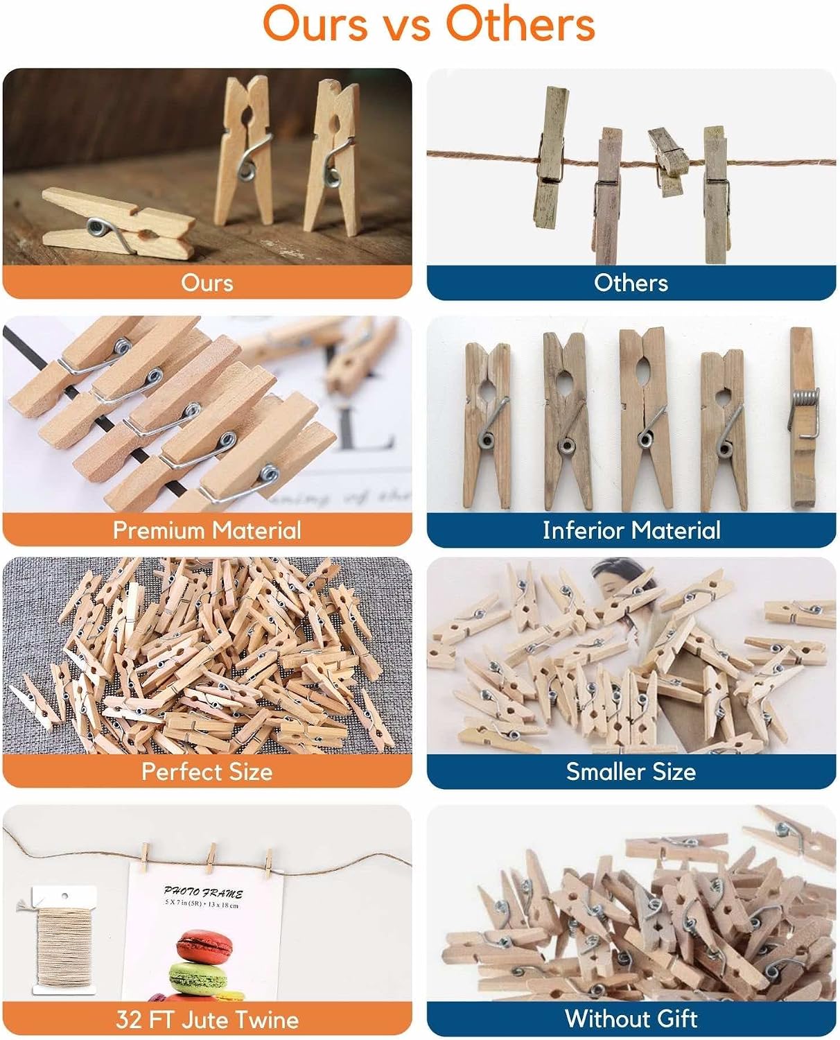 Mini Clothes Pins for Photo, Natural Small Wooden Clothespins 1 Inch Tiny Wood Decorative Clips Bulk, 33FT Jute Twine and Clothespins for Crafts Photos Pictures Baby Shower Game Classroom, 250 PCS image 2