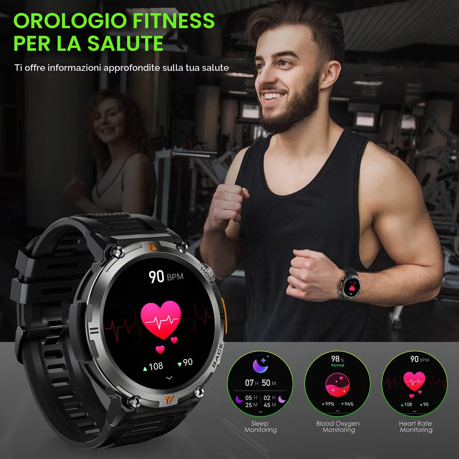 Smartwatch Militare Uomo Orologio Impermeabile 3ATM con Torcia LED | 1,45" HD Rugged Smartwatch Militare con Chiamate, Orologio Fitness con 110+ Modalità Sport Notifiche WhatsApp per Android iOS