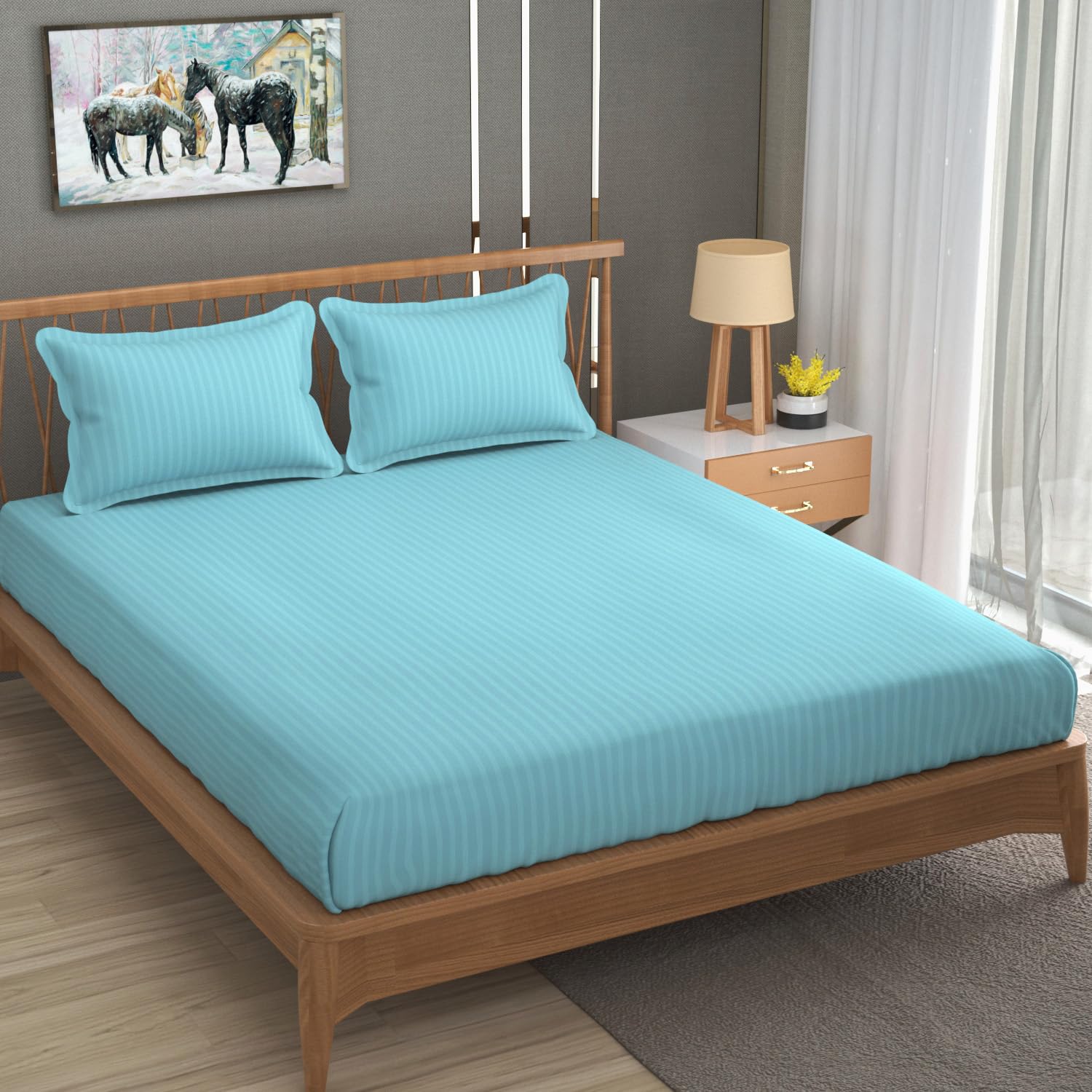 Homefab India 160 TC Stripe Cotton Feel Glace Cotton Elastic Fitted King Size Double Bed Bedsheet with 2 Pillow Covers Fits Upto 6 inches Mattress, Size-72X78 inches, Aqua Blue
