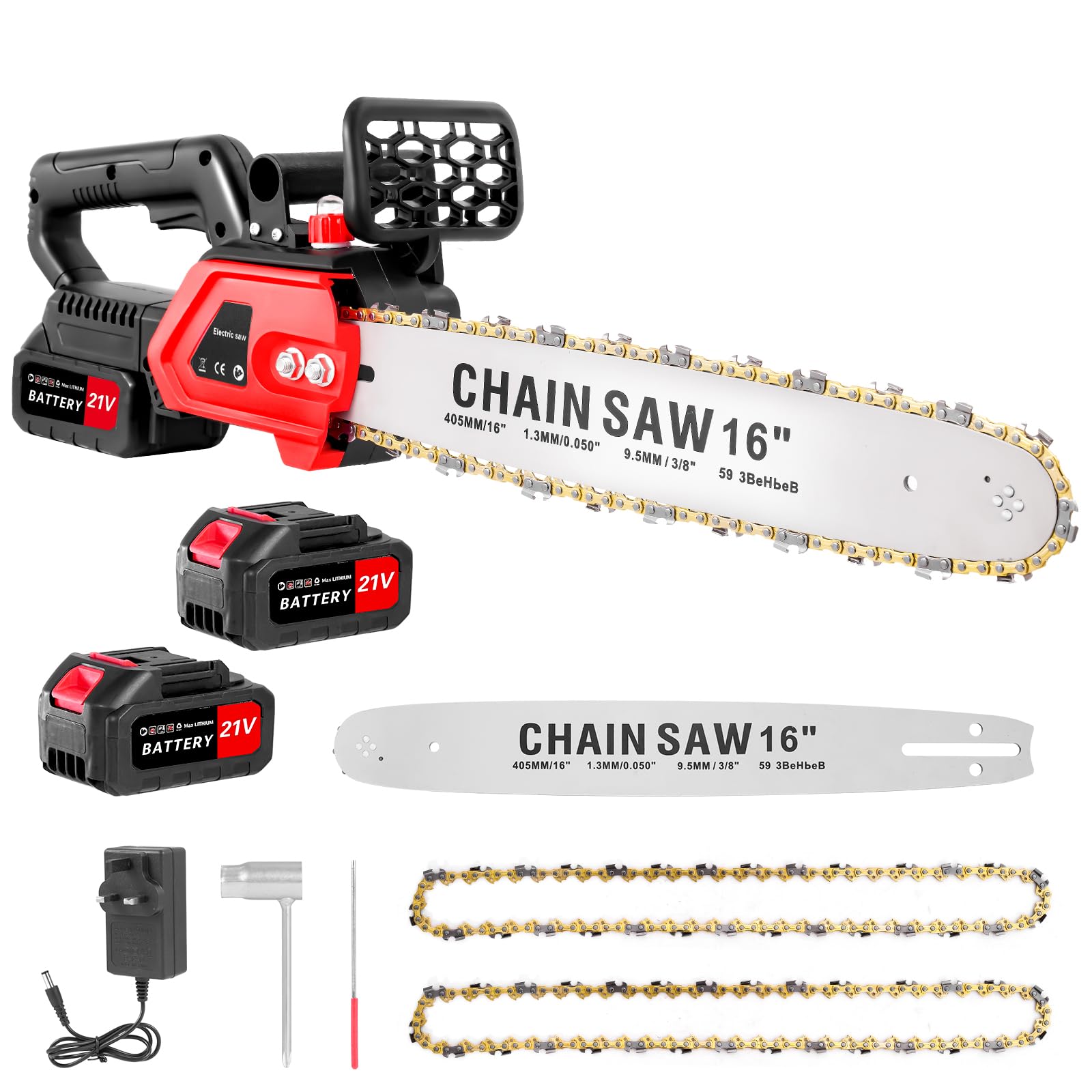 16" Electric Chainsaw — 1800W Brushless Motor | 21V Cordless Chainsaw with 2 Batteries & Auto Chain Lubrication | for Tree Felling, Log Cutting & Pruning