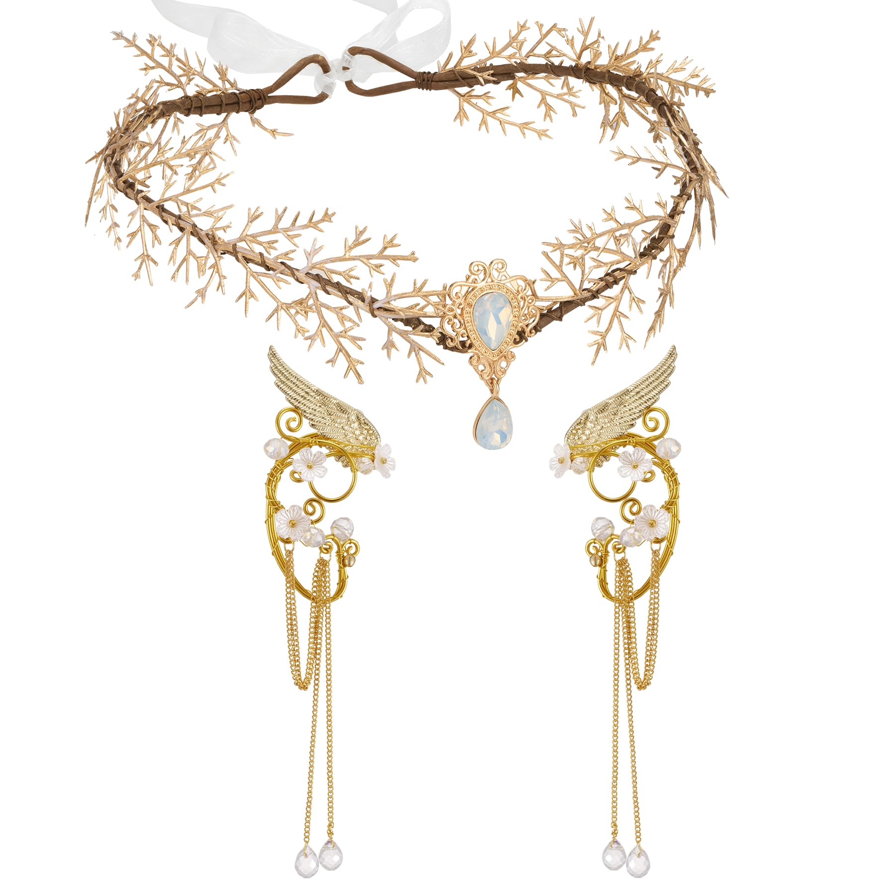 SWEETV Fairy Flower Hairband with Elf Ears, Halloween Fairy Headpiece for Women, Leaf Elf Circlet with Wings Cuff Earrings, Leaf Hairband Set for Photoshoot Cosplay Party (Gold-Leaf-C, one size)