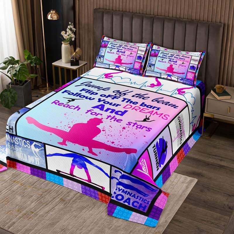 Feelyou Gymnastics Coverlet Set Gymnastics Lovers Bedspread for Kids Boys Children Gymnast Sports Quilted Coverlet Ultra Soft Decor Plaid Grid Purple Quilted Twin Size 2Pcs
