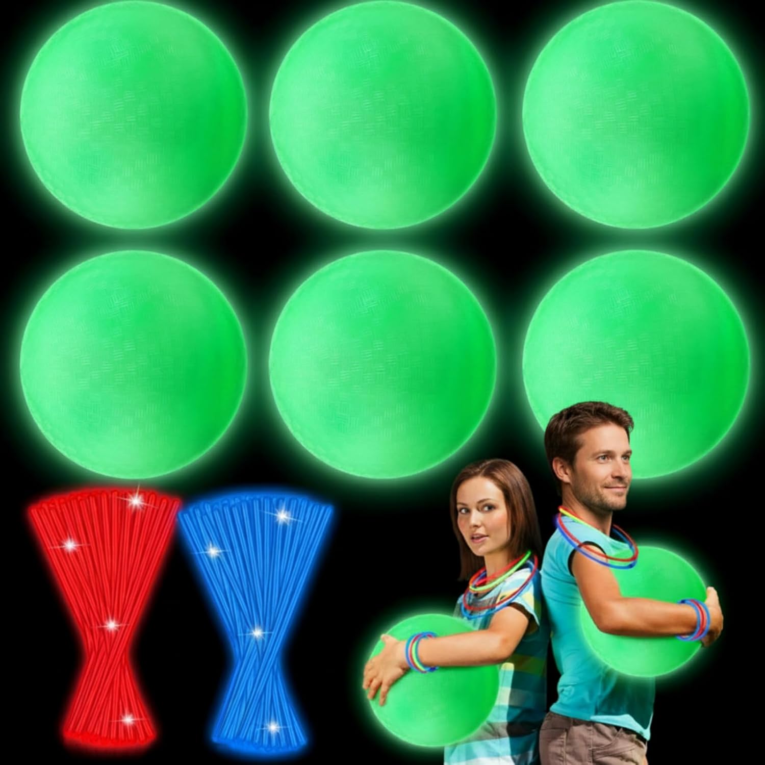 Hiboom 110 Pcs 10 Inch Glow in The Dark Kickballs Dodgeballs Set Includes 6 Pcs Playground Ball with Pump 100 Glow Sticks Storage Bag for Playground Backyard Outdoor Indoor