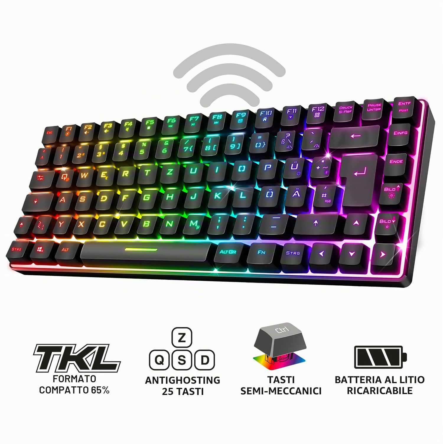 SPIRIT OF GAMER Tastiera wireless Bluetooth TKL RGB QWERTZ | Tasti semi-meccanici con retroilluminazione 25 anti-ghosting | Compatibile PC Smartphone Tablet
