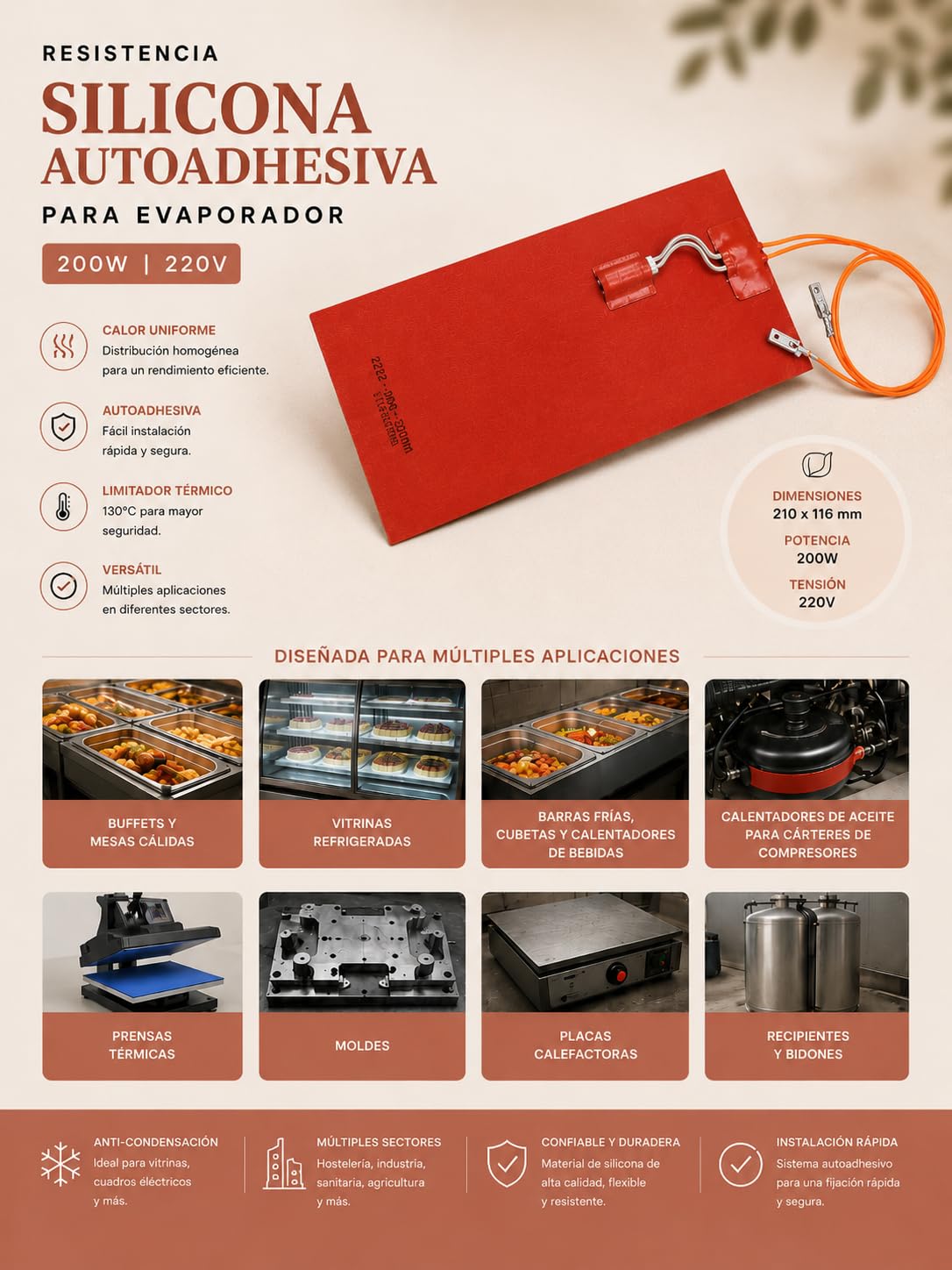 Resistencia silicona autoadhesiva para evaporador 200W 220V | Para buffets, mesas cálidas, vitrinas refrigeradas | Calentadores de aceite | Prensas térmicas, moldes, placas calefactoras