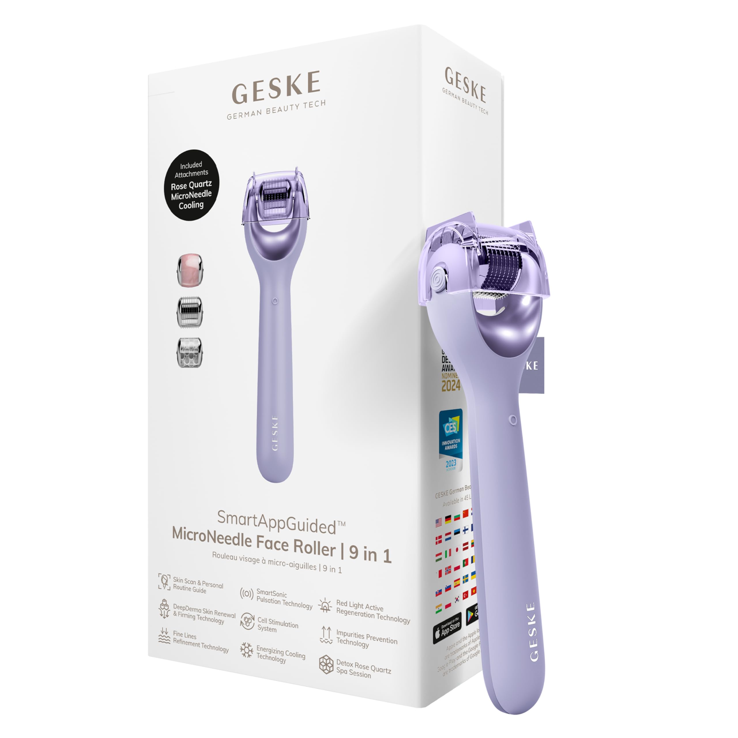 GESKE | SmartAppGuided™ MicroNeedle Face Roller | 9 in 1 | mit Rosenquartz | Microneedling | Professionelles Mikroneedlinggerät | Needleroller | Beauty Roller Gesicht | Mikroneedlingroller