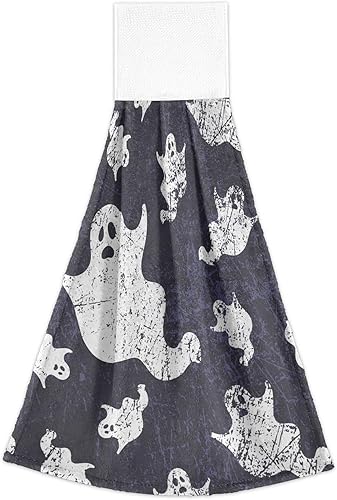 Miniatura 7 de Juego de 2 toallas de cocina vintage de fantasmas de Halloween, con lazo para colgar, suave y absorbente, toalla para atar en la punta de los dedos,